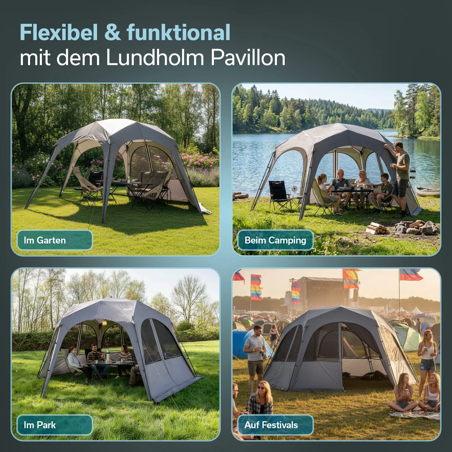 Pavillon in vier Bildern: im Garten, beim Camping, im Park und auf Festivals. Verschiedene Nutzungsmöglichkeiten und Umgebungen.
