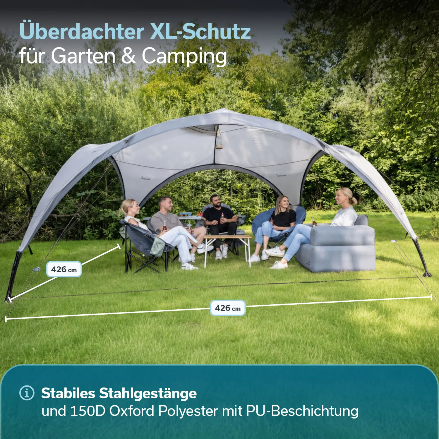 Überdachte Sitzgelegenheit mit einem großen, grauen Sonnenschutz. Vier Personen sitzen um einen Tisch auf einer Wiese.