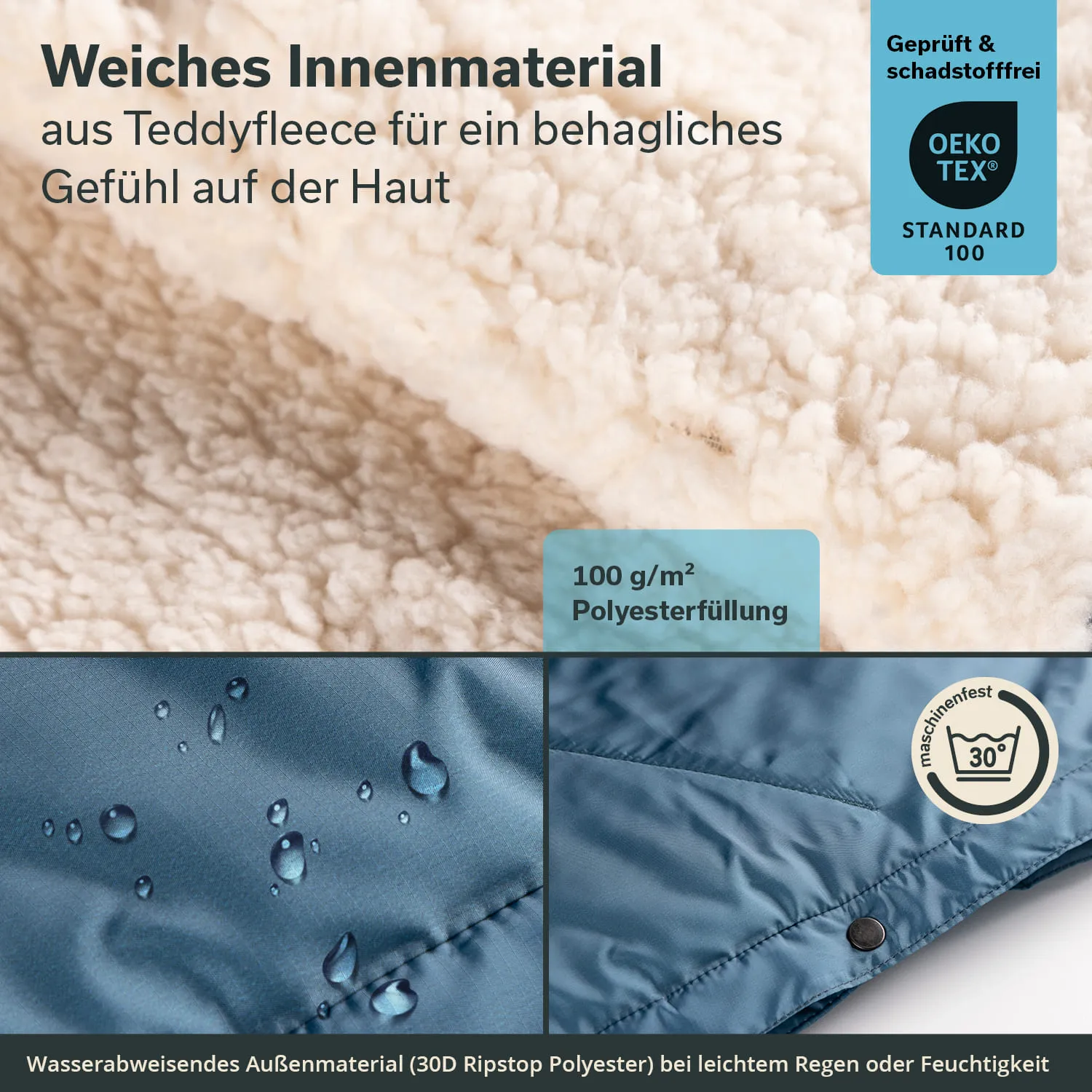 Teddyfleece-Innenmaterial auf hellem Hintergrund, darunter wasserdichtes, bläuliches Außenmaterial mit Wassertropfen.