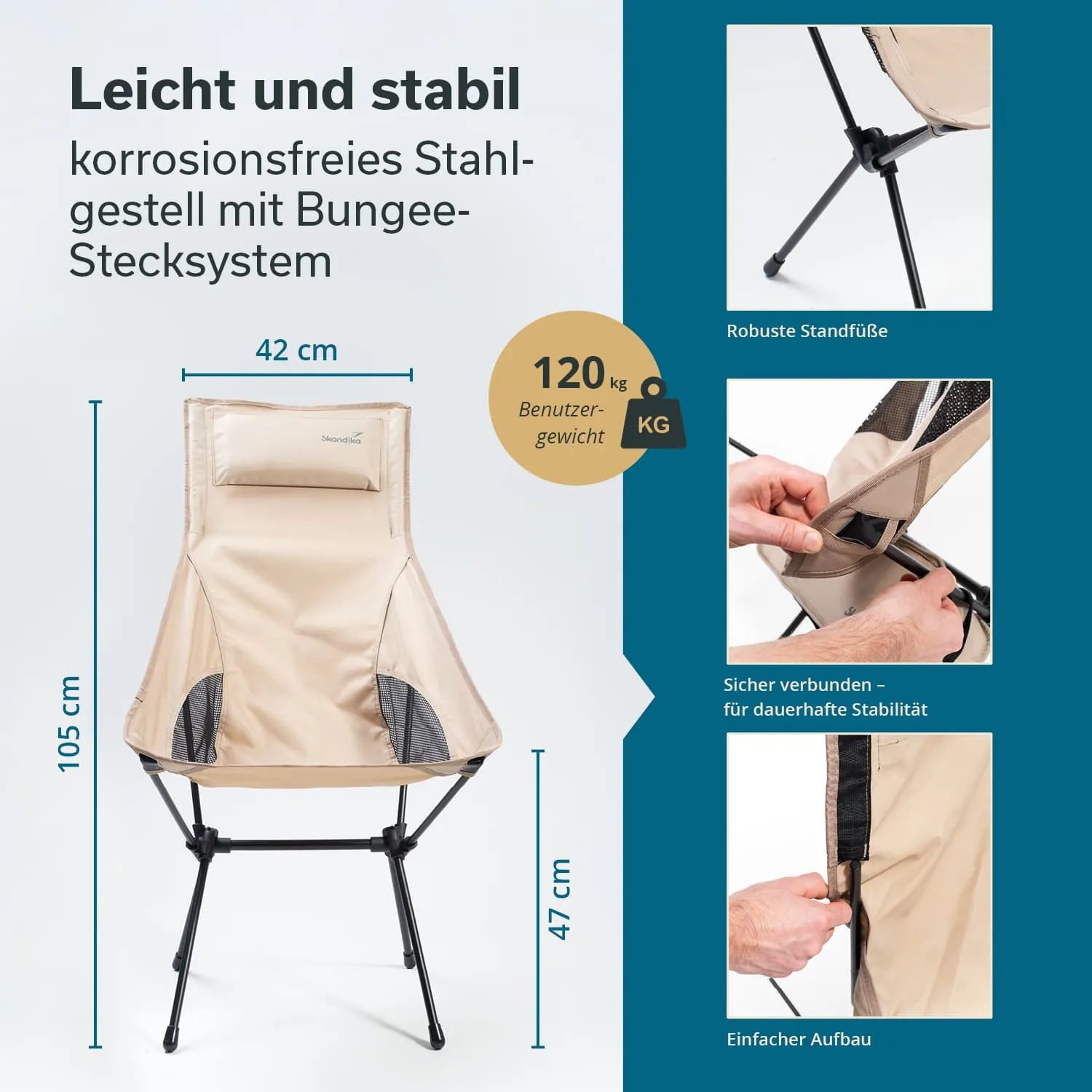 Leichter, stabiler Campingstuhl aus korrosionsfreiem Stahl mit Bungee-Stecksystem, beige Farbe und seitlichen Netzflächen, Maße angegeben.