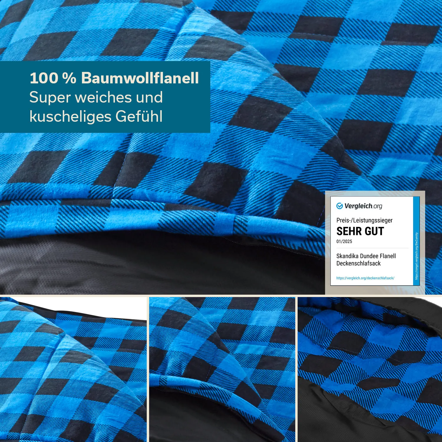 Flanell-Deckenstoff mit blau-schwarz karierter Musterung und einem Hinweis auf 100 % Baumwollflanell.