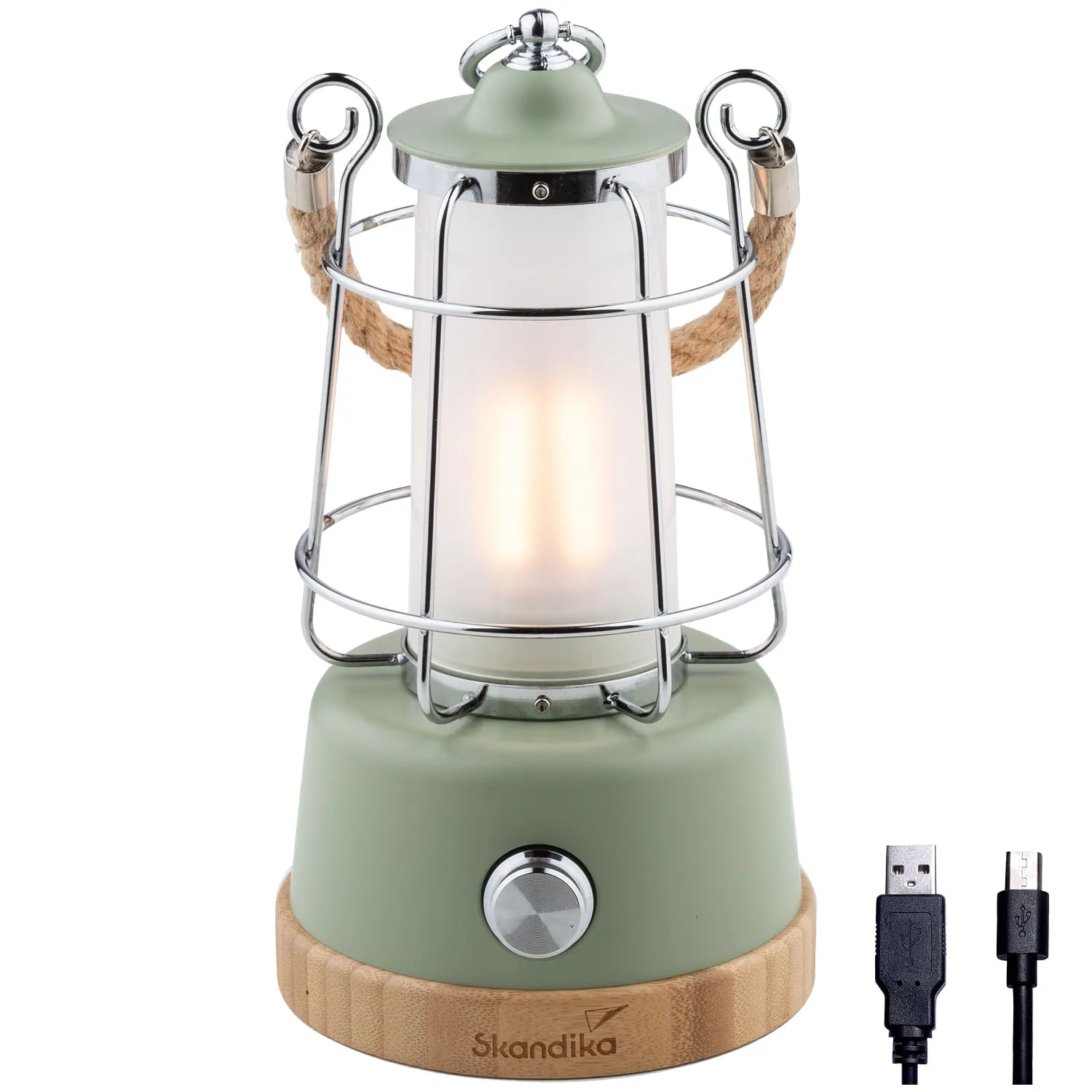 Eine grüne Laterne mit einem Glaszylinder, umgeben von einem Metallgitter und einem Holzsockel. Kabel ist daneben abgebildet.