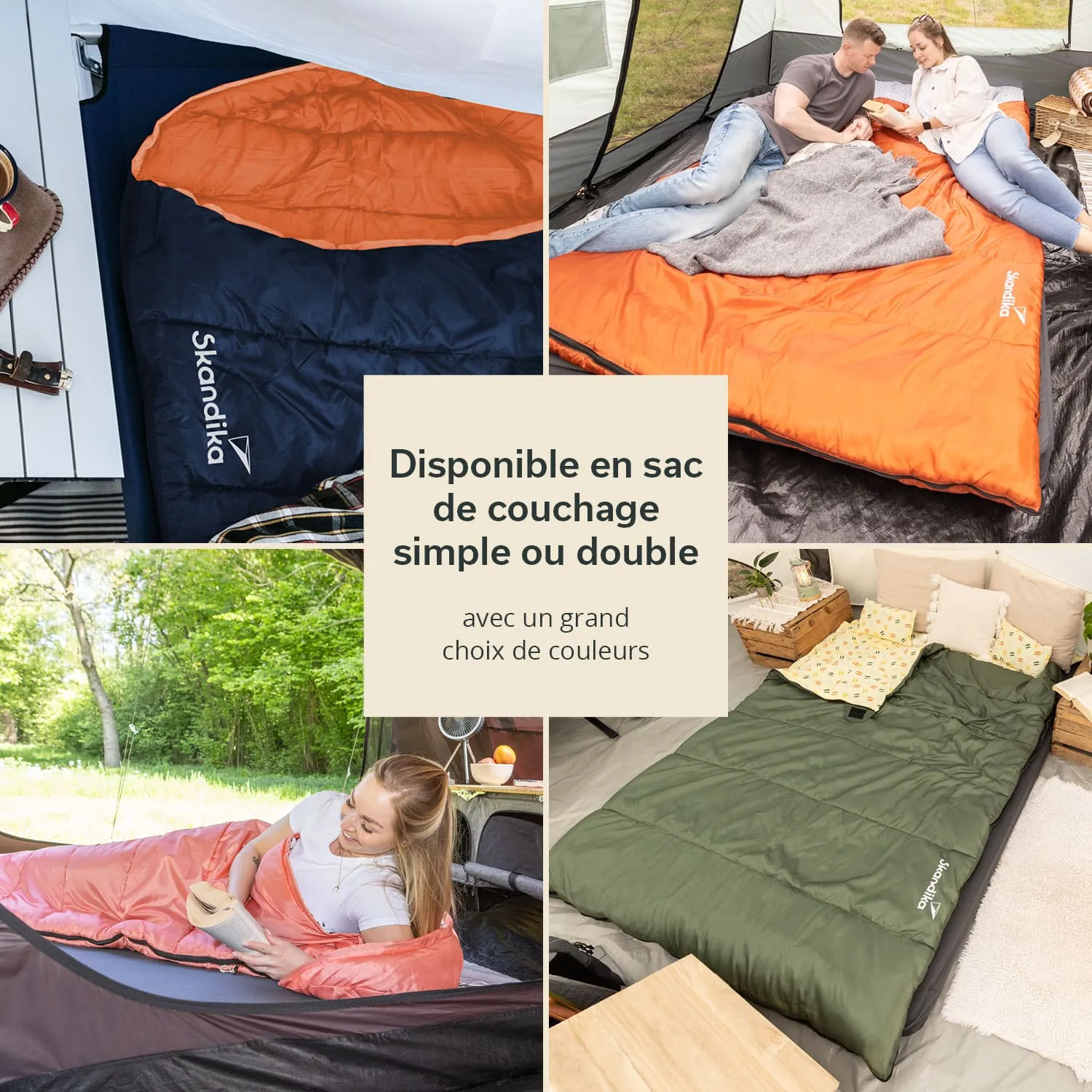 Verschiedene Schlafsäcke in unterschiedlichen Farben, die in Zelten und auf einem Bett liegen. Text in der Mitte beschreibt Optionen.