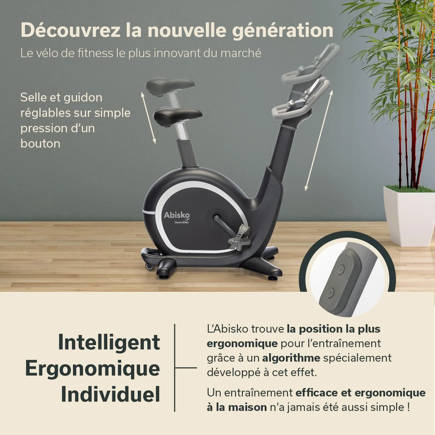 Fitness-Bike mit verstellbarem Sitz und Lenker in modernem Design. Hintergrund: graue Wand und Pflanze in einem Topf.