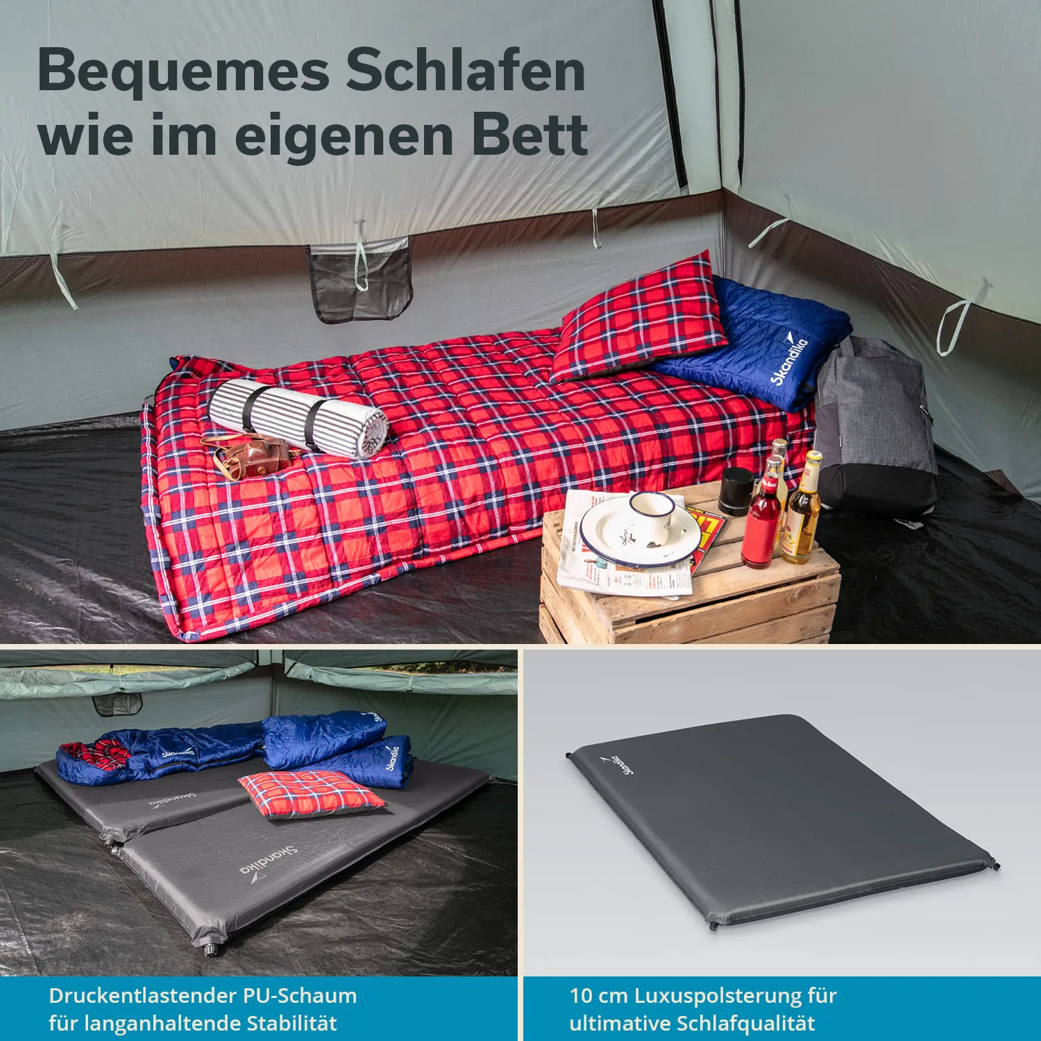 Isoliermatte mit rot-kariertem Schlafsack und Kissen in einem Zelt. Ein Holztisch mit Getränken und Geschirr daneben.