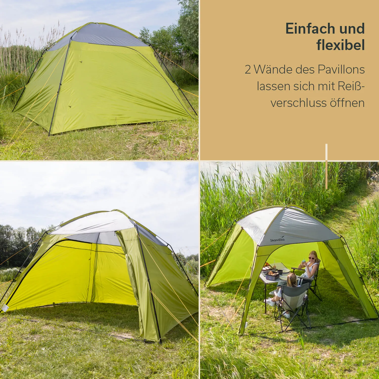 Zelt in grüner und grauer Farbgestaltung, umgeben von Gras und Bäumen. Im unteren Bildbereich sitzen zwei Personen an einem Tisch.