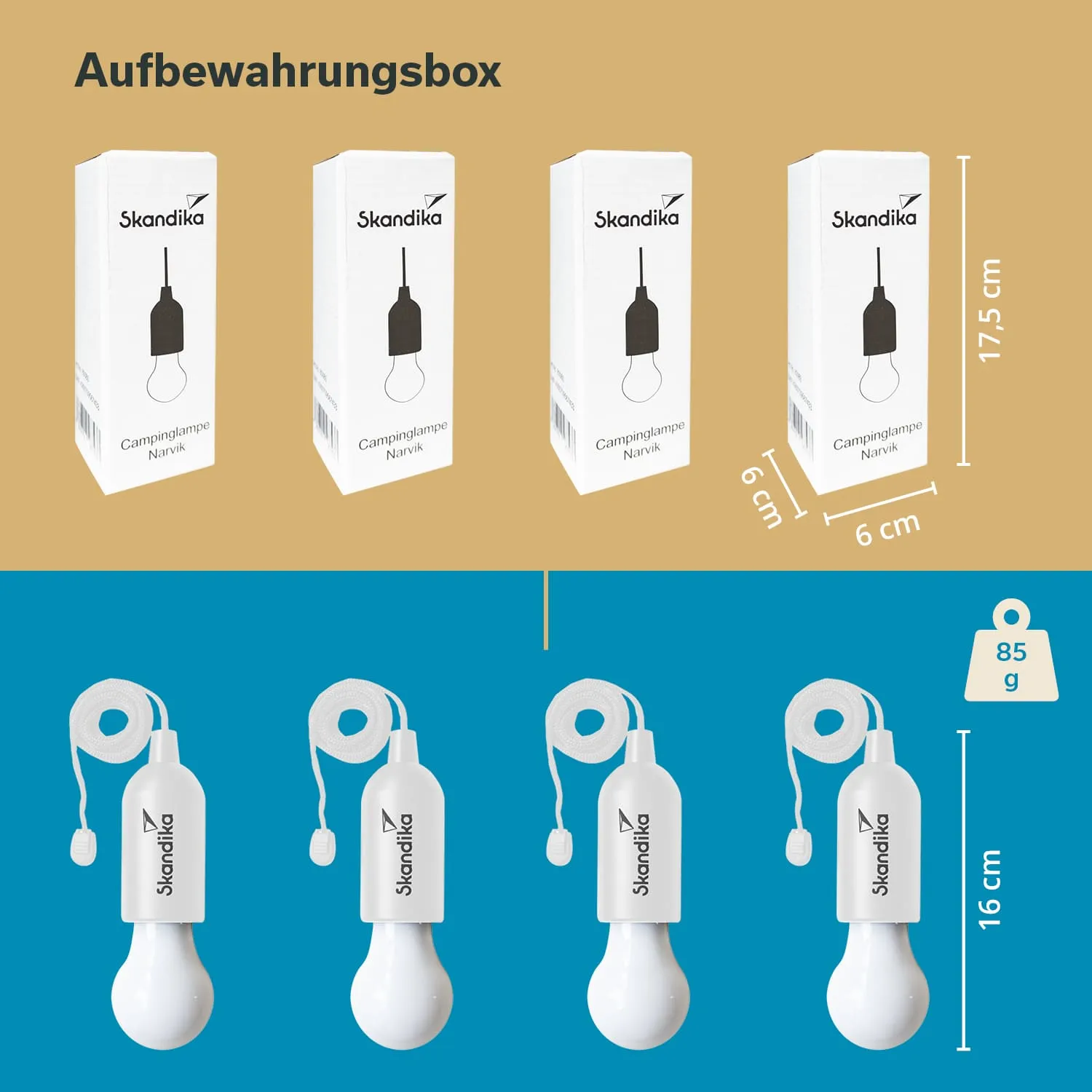 Drei Produktverpackungen für eine Campinglampe auf beigeem Hintergrund. Darunter sind drei ähnliche Lampen mit Kabel abgebildet.