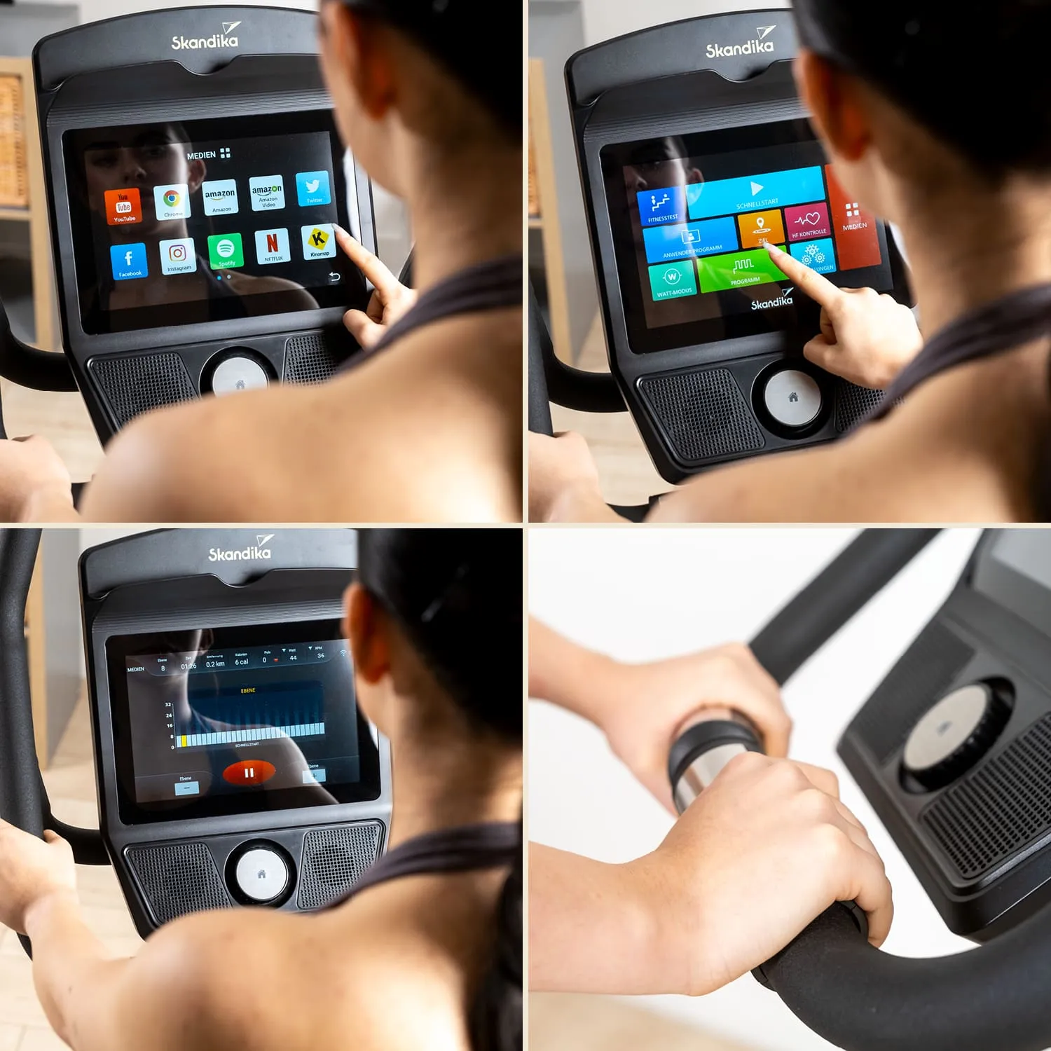 Ein Bildschirm eines Fitnessgeräts mit verschiedenen Apps und Funktionen, eine Person berührt den Bildschirm. Hände halten die Griffe des Geräts.