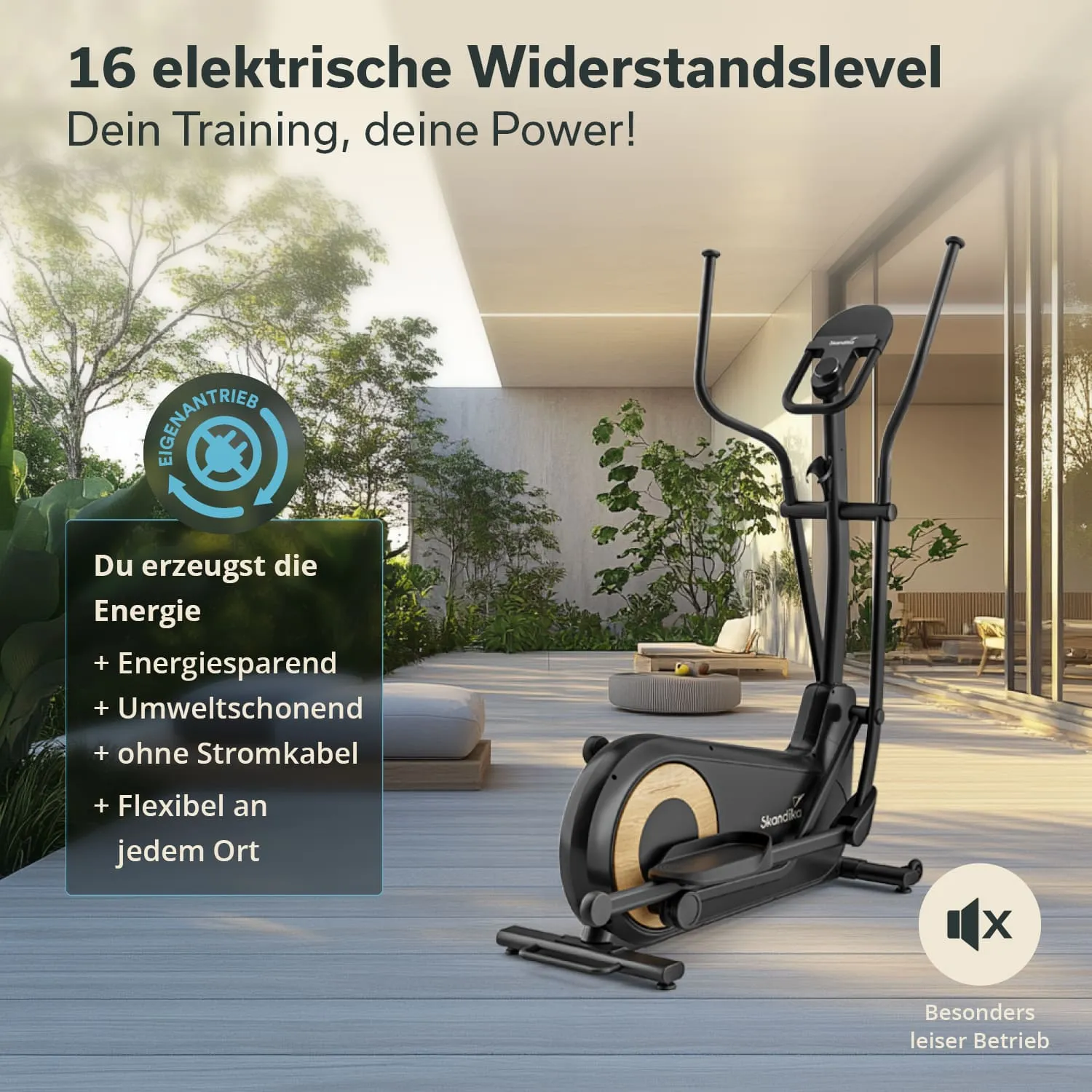 Ein elliptisches Trainingsgerät steht in einem modernen Raum mit großen Fenstern. Pflanzen und Möbel sind sichtbar.