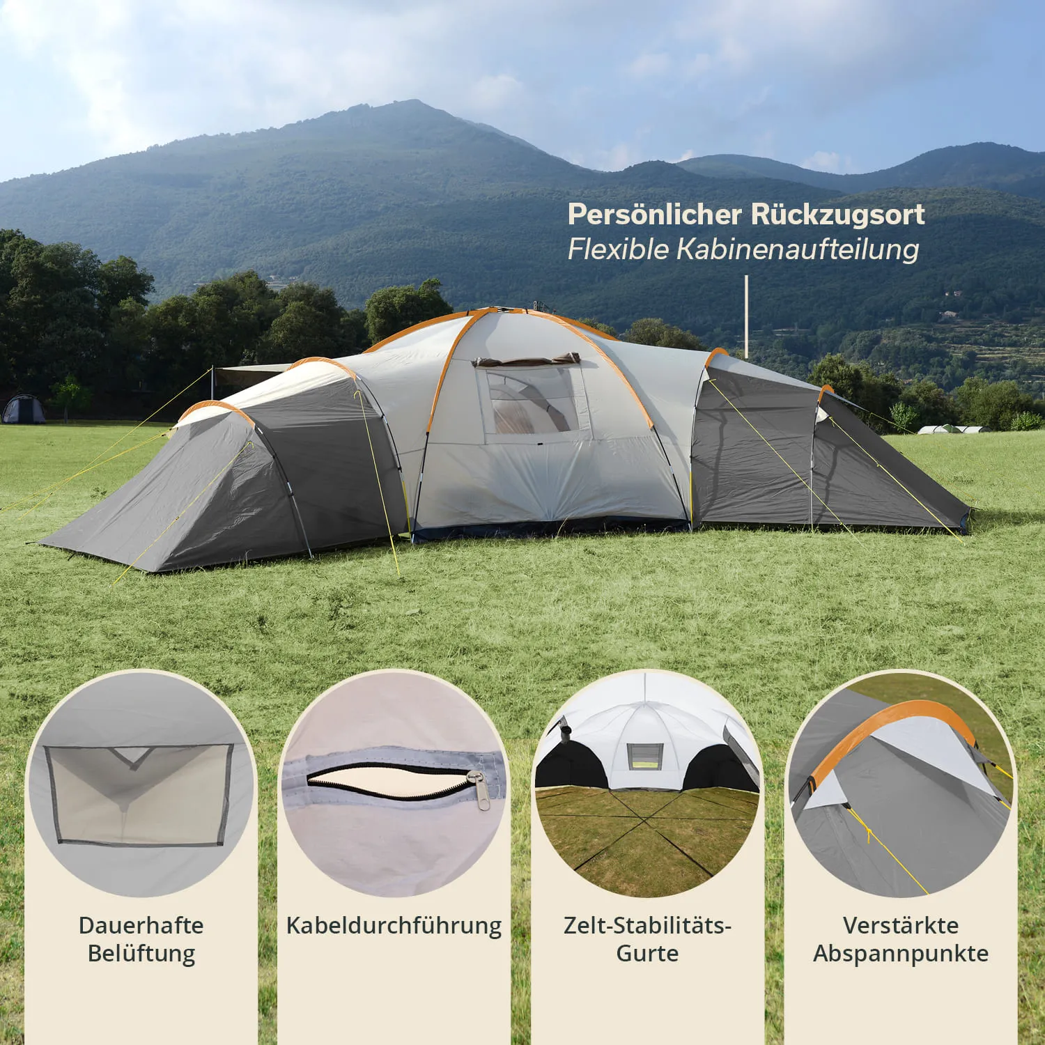Zelt in einer grünen Wiese mit Bergen im Hintergrund. Ausführungen zur Belüftung, Kabelführung, Stabilität und Abspannpunkten.
