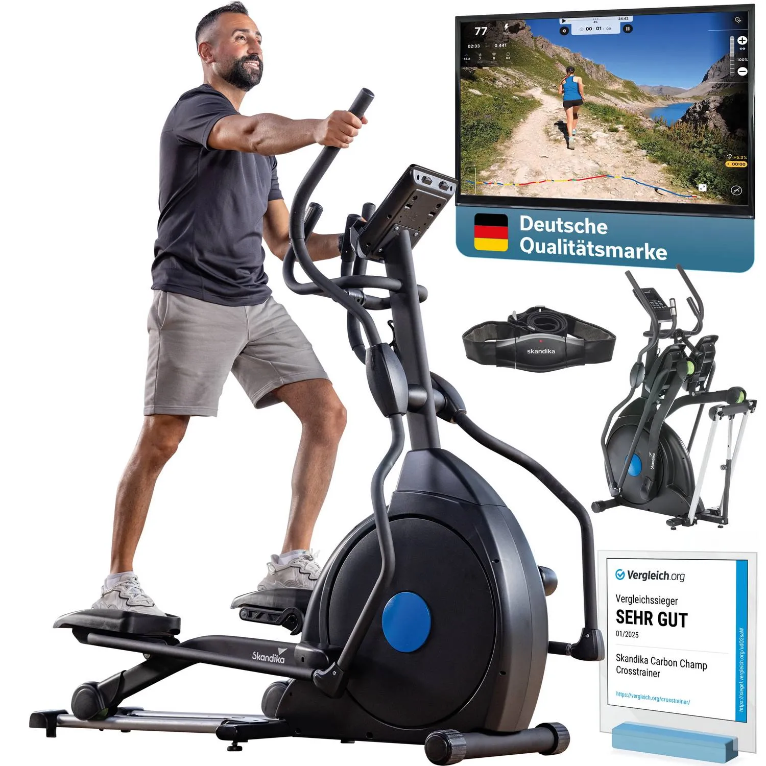 Mann benutzt einen Crosstrainer. Neben ihm ein Bildschirm mit Laufstrecke und Auswertung. Weitere Crosstrainer und Auszeichnungen im Bild.