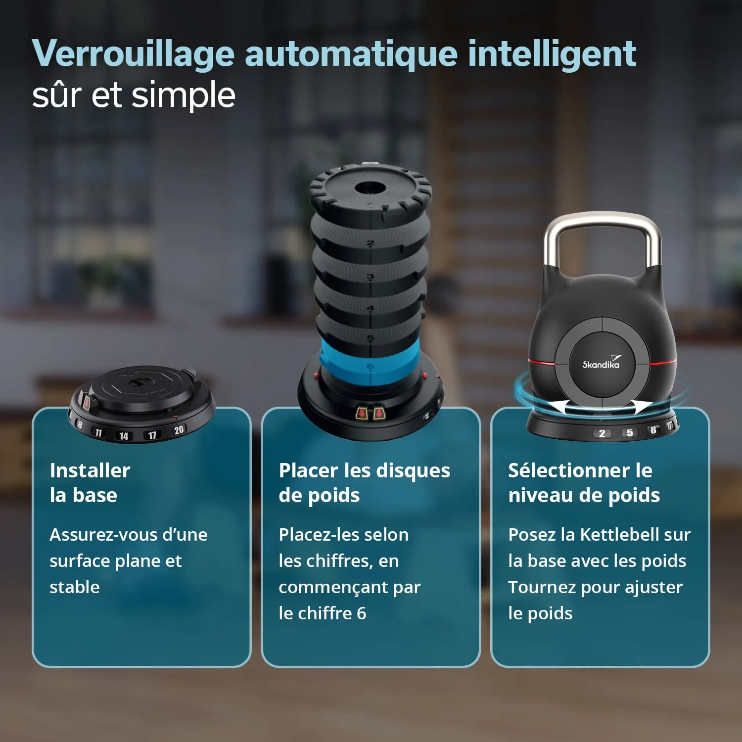 Anleitung zur Verwendung eines intelligenten, automatischen Gewichtssystems. Objekte: eine Basis, ein Gewichtsstapel, eine Kettlebell.