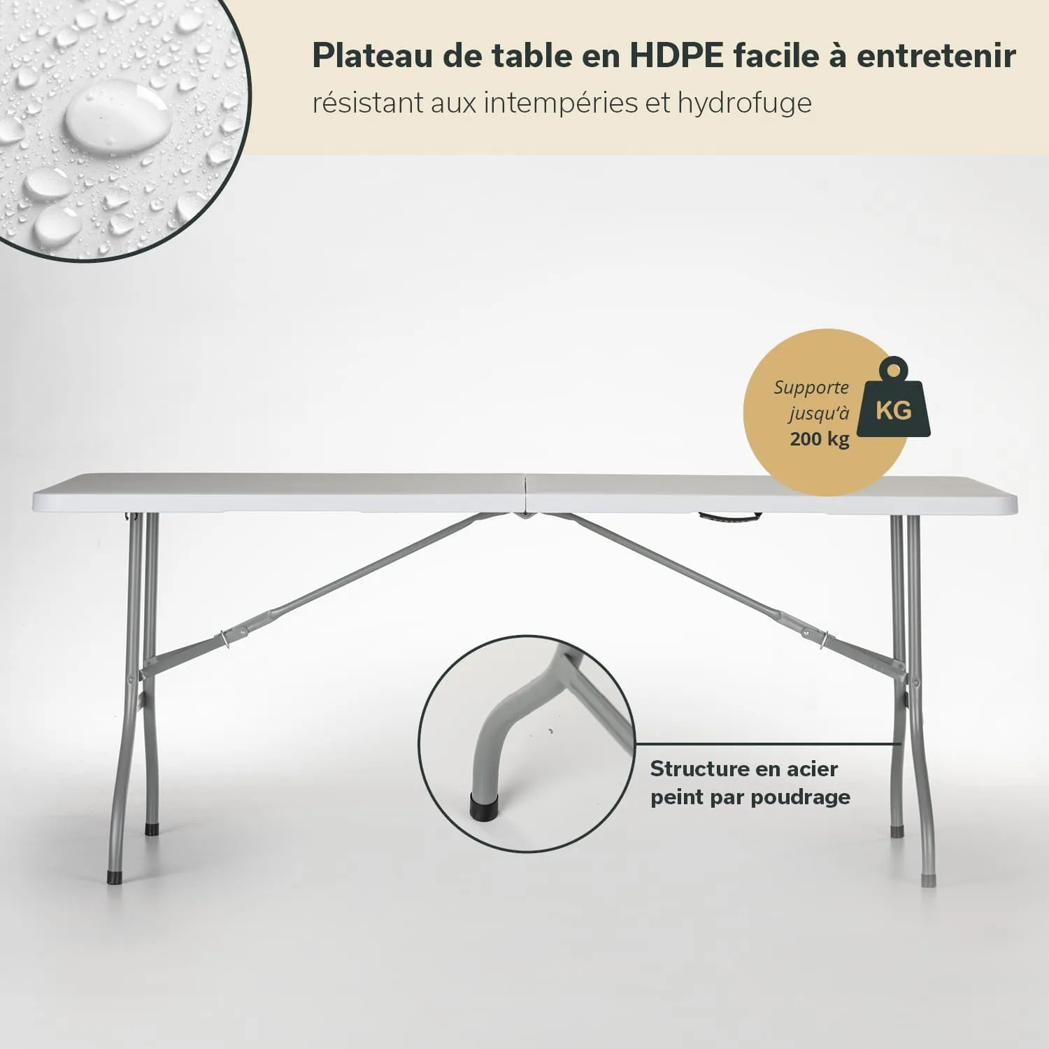 Klappbare Tischplatte aus HDPE, grauer Farbton. Stabile Metallbeine mit pulverbeschichteter Oberfläche. Wasserdicht.