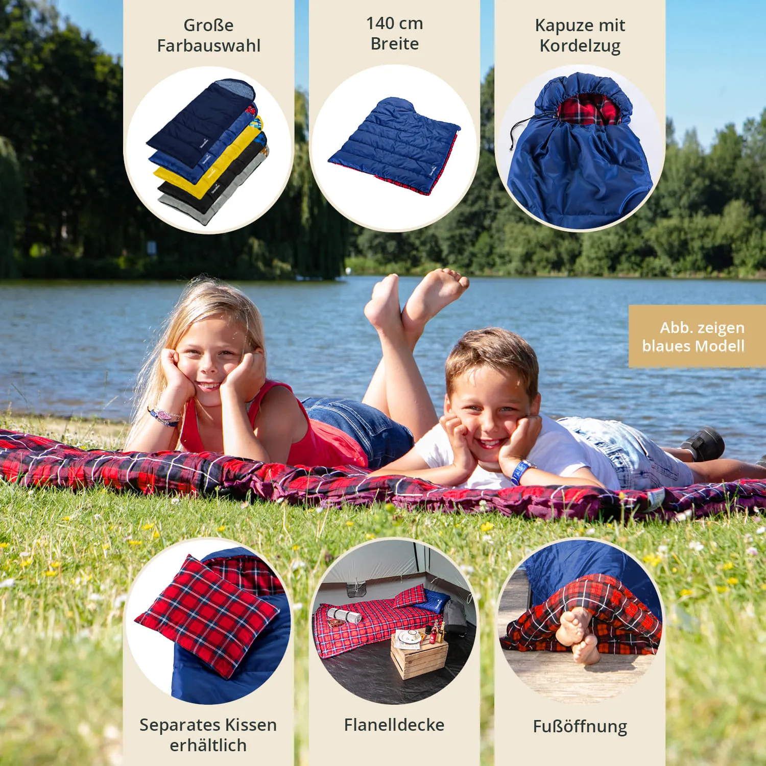 Mädchen und Junge liegen auf einer Picknickdecke am Wasser, umgeben von Bäumen. Elemente wie ein Schlafsack und Kissen sind abgebildet.