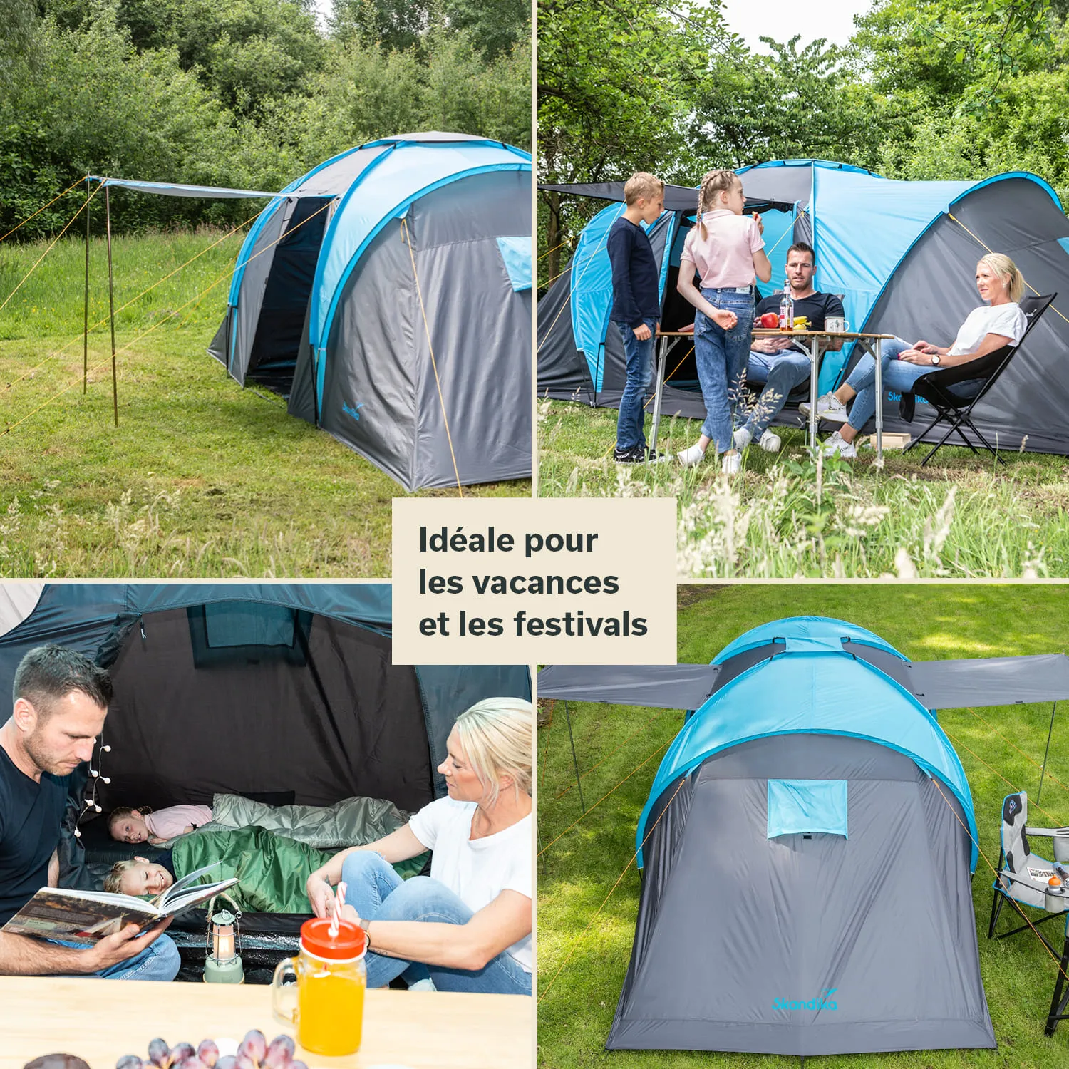 Zelt mit blauer Abdeckung in einer grünen Wiese. Menschen stehen und sitzen, genießen Getränke und Snacks.