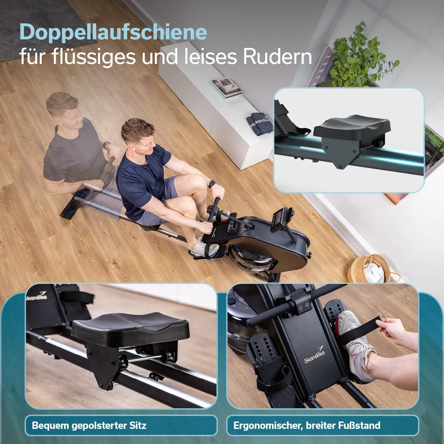 Rudergerät mit doppelter Aufschiene, gepolstertem Sitz und ergonomischem Fußstand in einem hellen Raum.