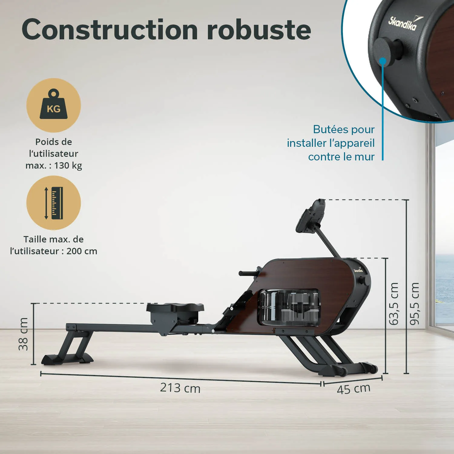 Rudergerät mit technischen Spezifikationen: max. Benutzergewicht 130 kg, max. Größe 200 cm, Maße 213 cm x 45 cm x 95,5 cm.