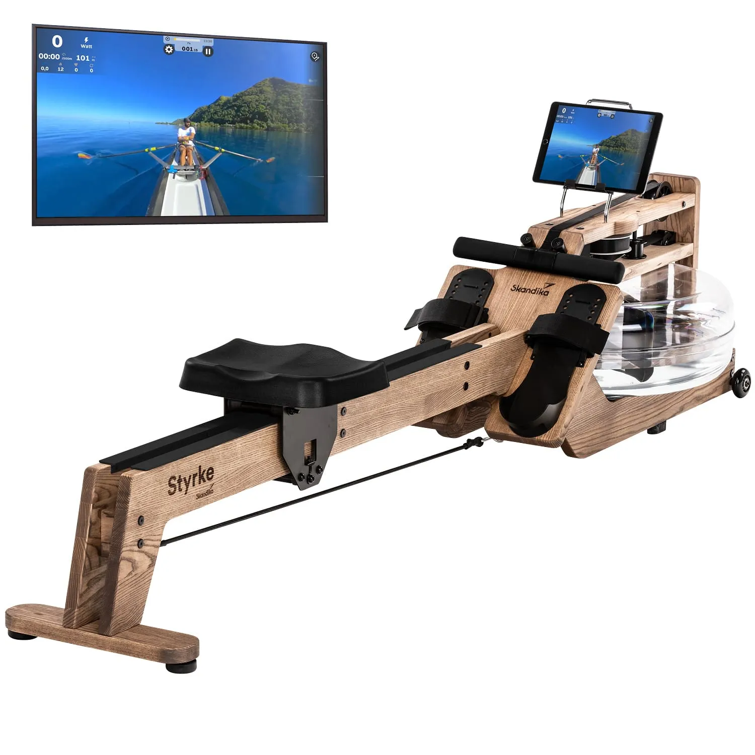 Rudergerät aus Holz mit Wasserwiderstand, ausgestattet mit einem Monitor und Halterung für ein mobiles Gerät.