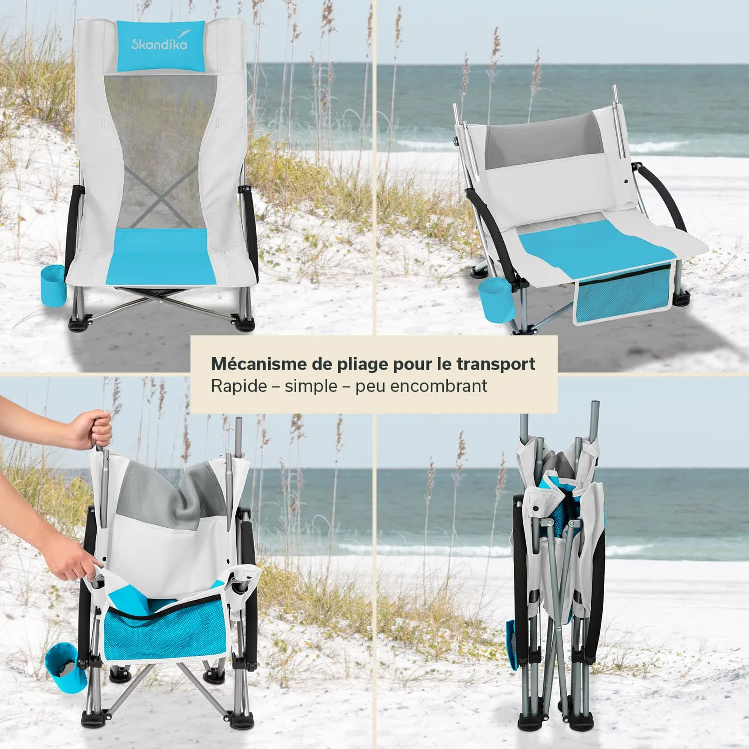Klappstuhl in verschiedenen Ansichten auf einem Sandstrand, mit blau-weißer Polsterung, abgebildet.