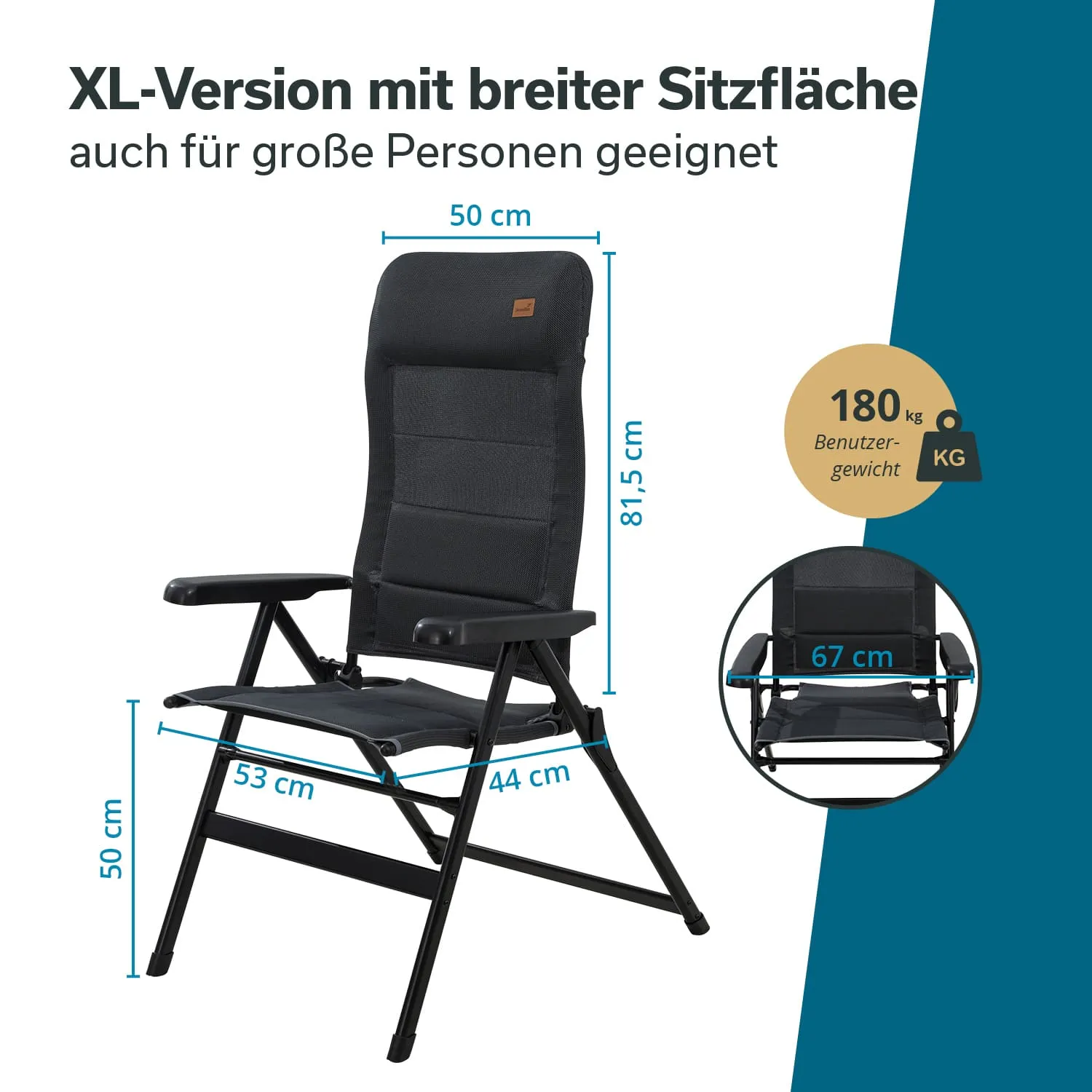 Schwarzer Klappstuhl mit breiter Sitzfläche, Maße und Maximalgewicht von 180 kg sind angegeben.