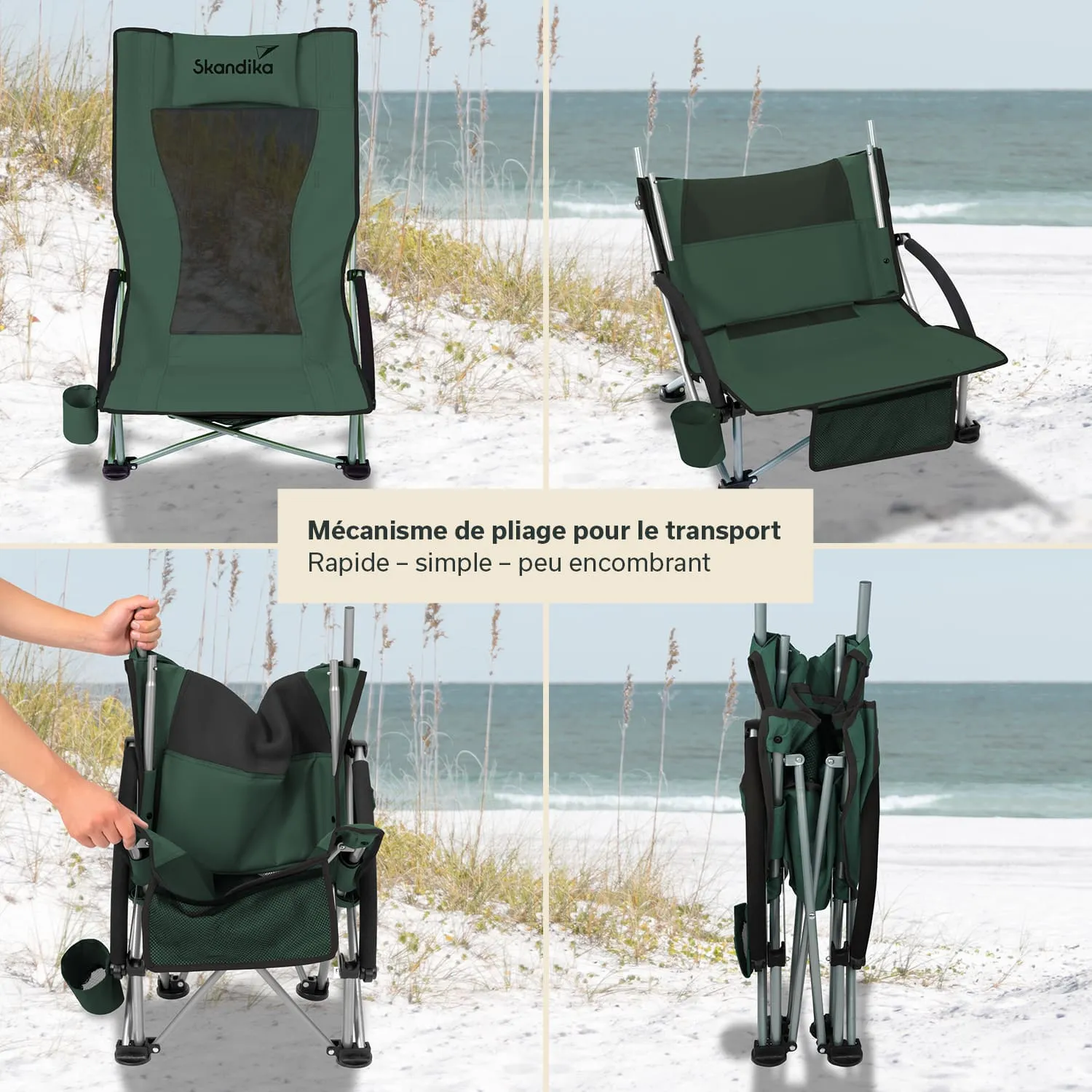 Faltbarer Campingstuhl in Grün mit Armlehnen und Becherhalter, vor einem Strandhintergrund.