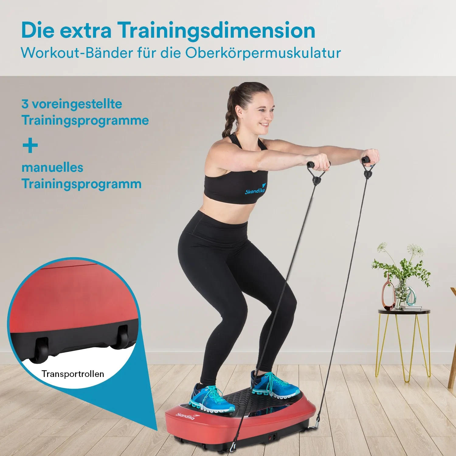 Person steht auf einer Trainingsplattform mit Widerstandsbändern. Neben ihr steht eine blühende Pflanze auf einem Tisch.