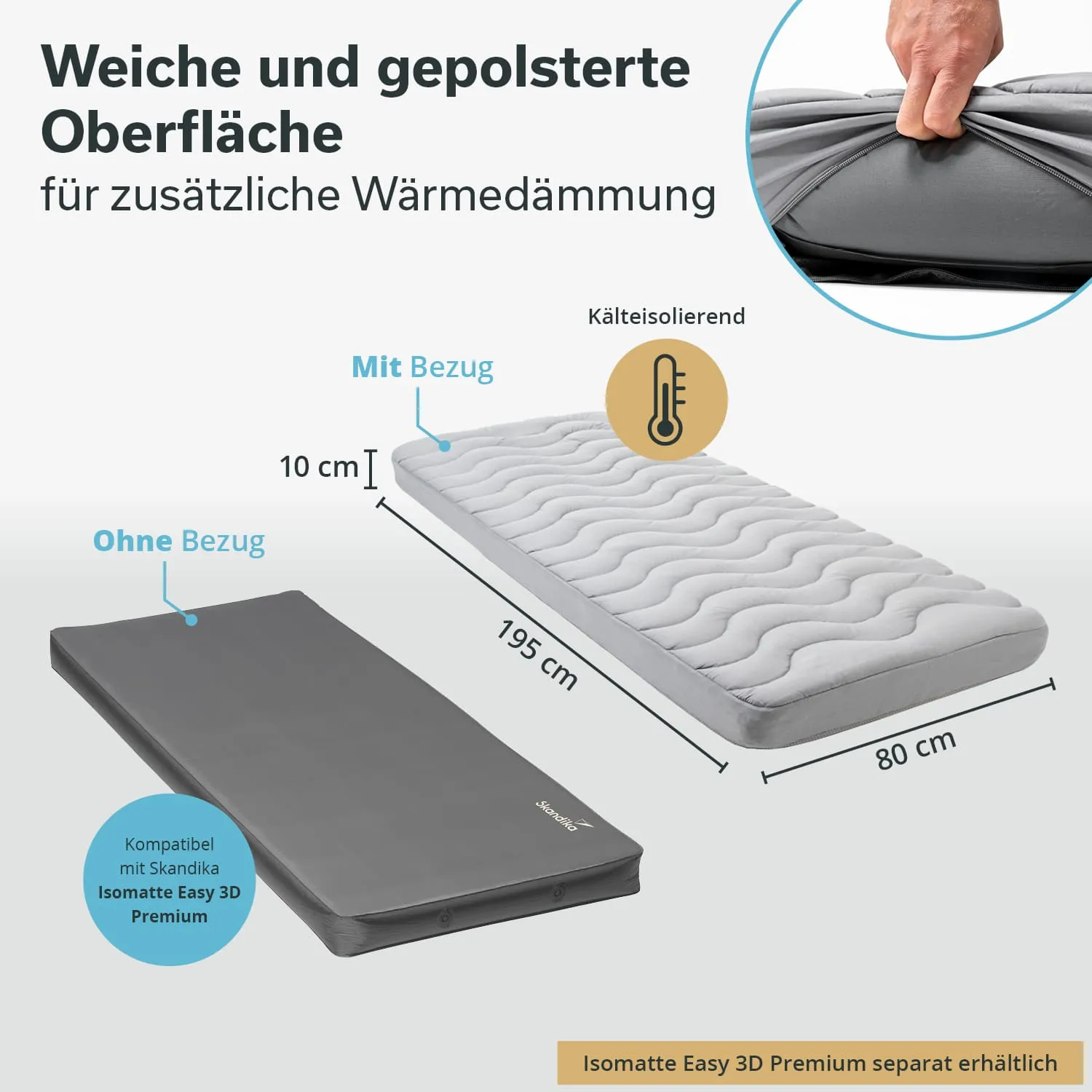 Matratzenauflage mit gewellter Oberfläche und zwei Varianten: mit und ohne Bezug. Maße: 195 x 80 cm, Höhe 10 cm.
