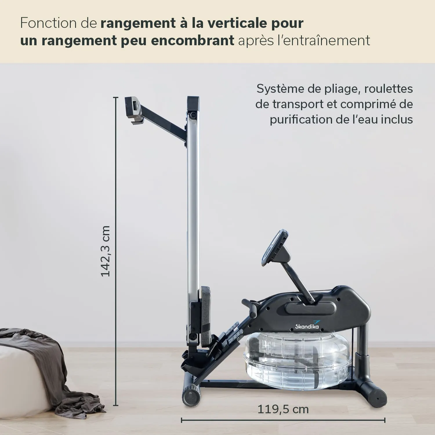 Wassertreter mit abnehmbarer Wasserwanne, verstellbarem Lenker und Abmessungen von 142,3 cm Höhe und 119,5 cm Breite.