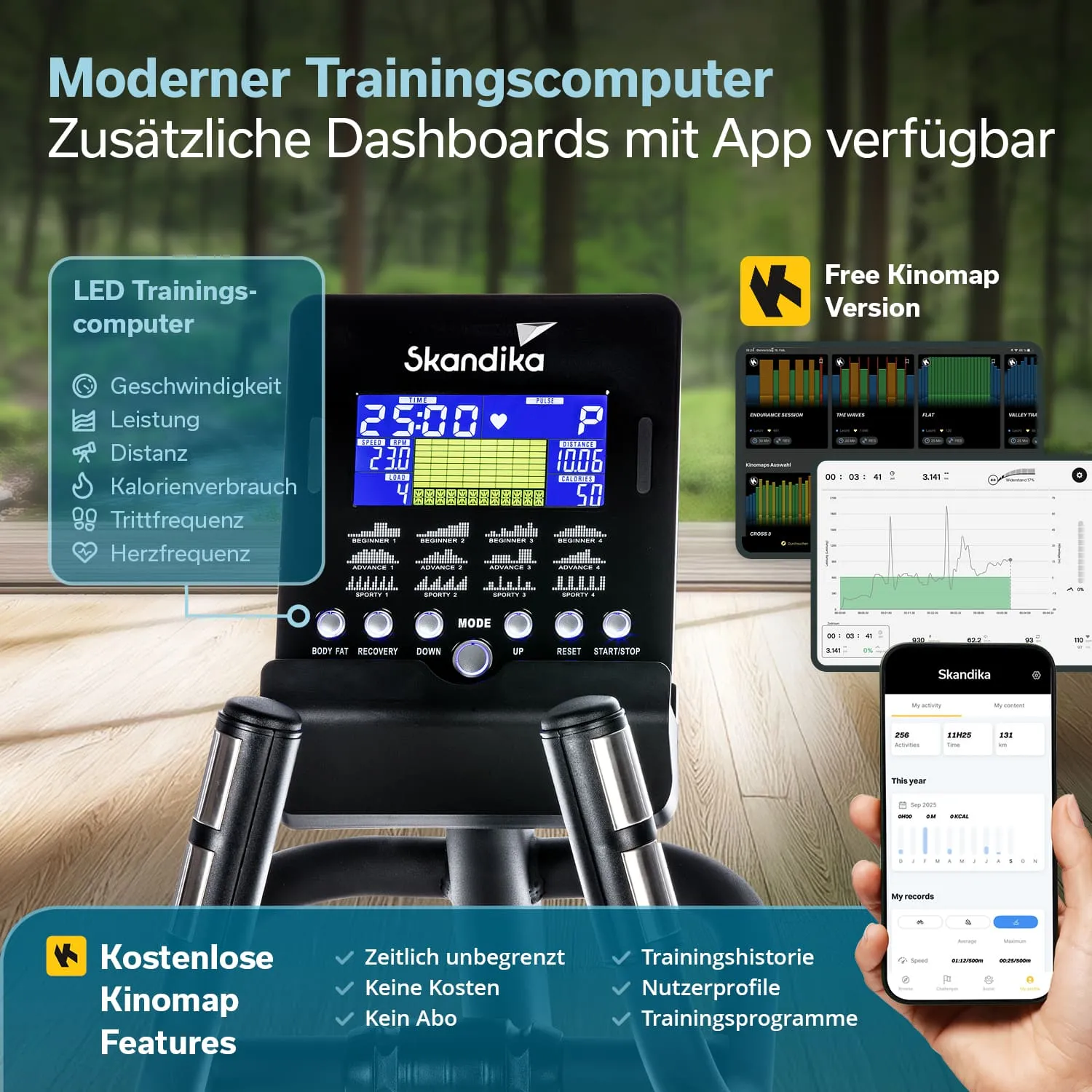 Moderer Trainingscomputer mit LED-Display zur Anzeige von Trainingsdaten. Neben dem Computer sind App-Funktionen sichtbar.