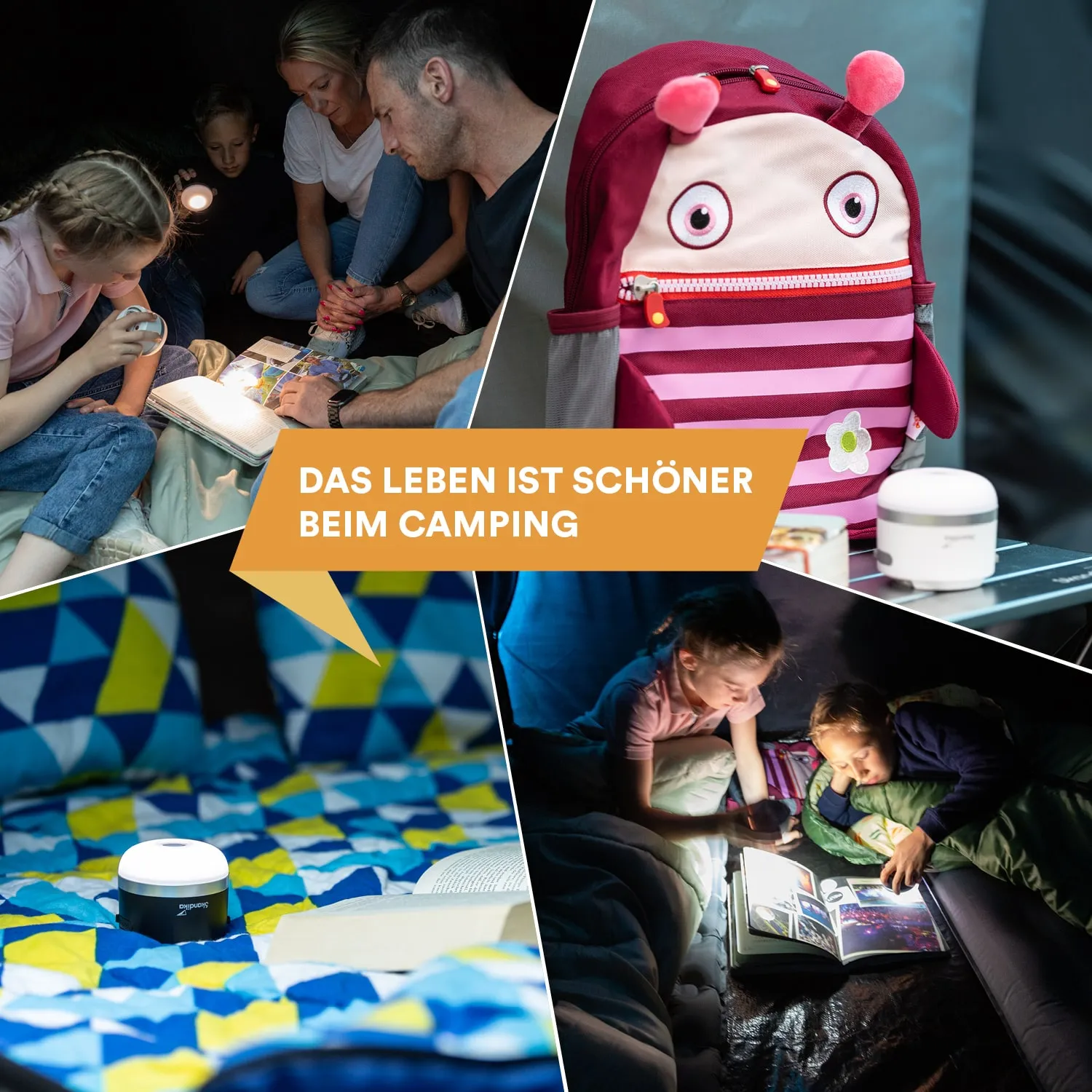 Familie im Zelt, spielt und liest mit Taschenlampe. Rucksack mit Augenmotiv. Campingdecke und Lichtquelle sichtbar.