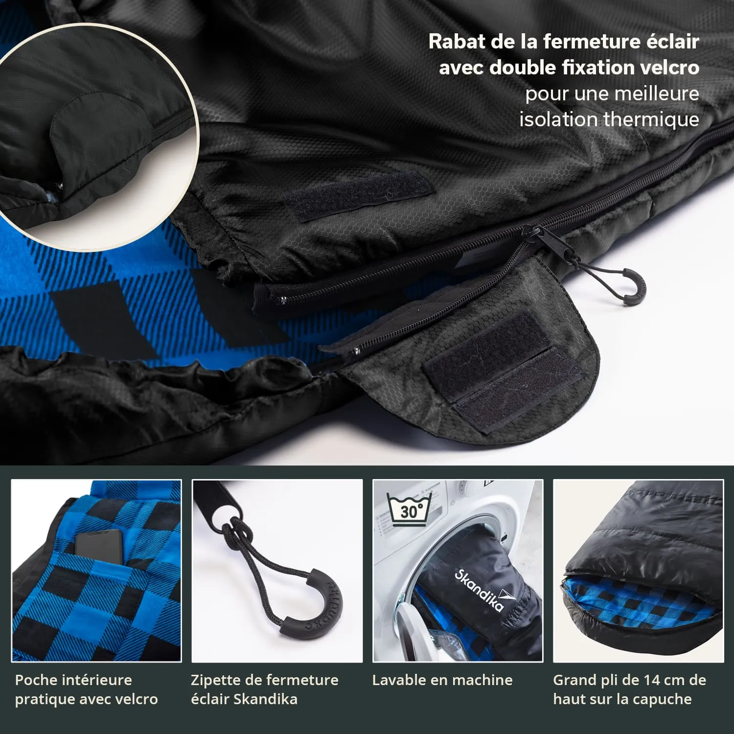 Schwarze Jacke mit blauem Innenfutter, sichtbarem Reißverschluss und Klettverschluss, waschbar in der Maschine.