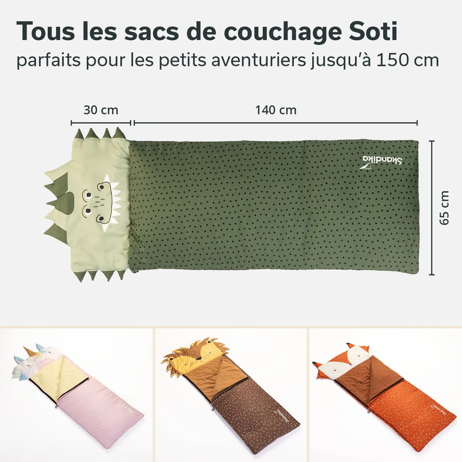 Ein Kinder-Schlafsack in grün mit Tiermotiv, daneben zwei weitere Schlafsäcke in hellen Farben und Tierdesigns.