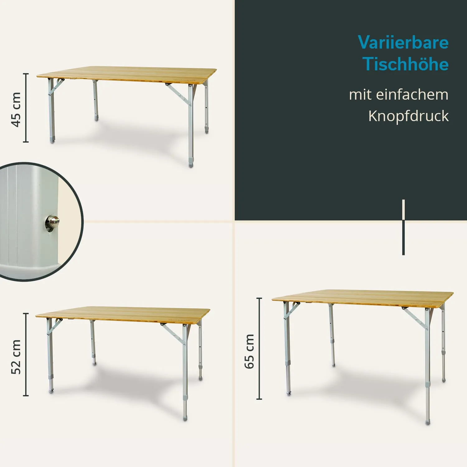 Es sind drei Tische abgebildet, die jeweils in unterschiedlichen Höhen (45 cm, 52 cm, 65 cm) dargestellt sind. In der linken oberen Ecke sieht man einen Tisch in der niedrigsten Einstellung.