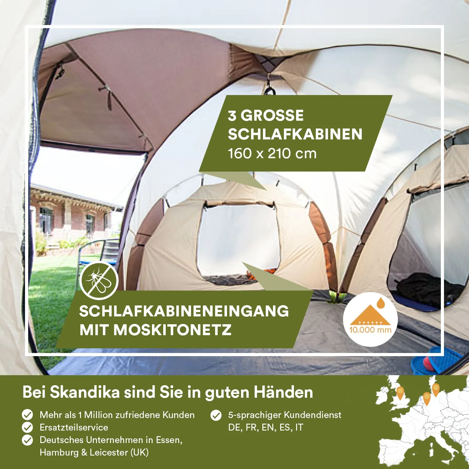 Zelt mit drei großen Schlafkabinen in beige, Eingang mit Moskitonetz, grüner Text, Hinweis auf Kundenservice und Standortkarten.