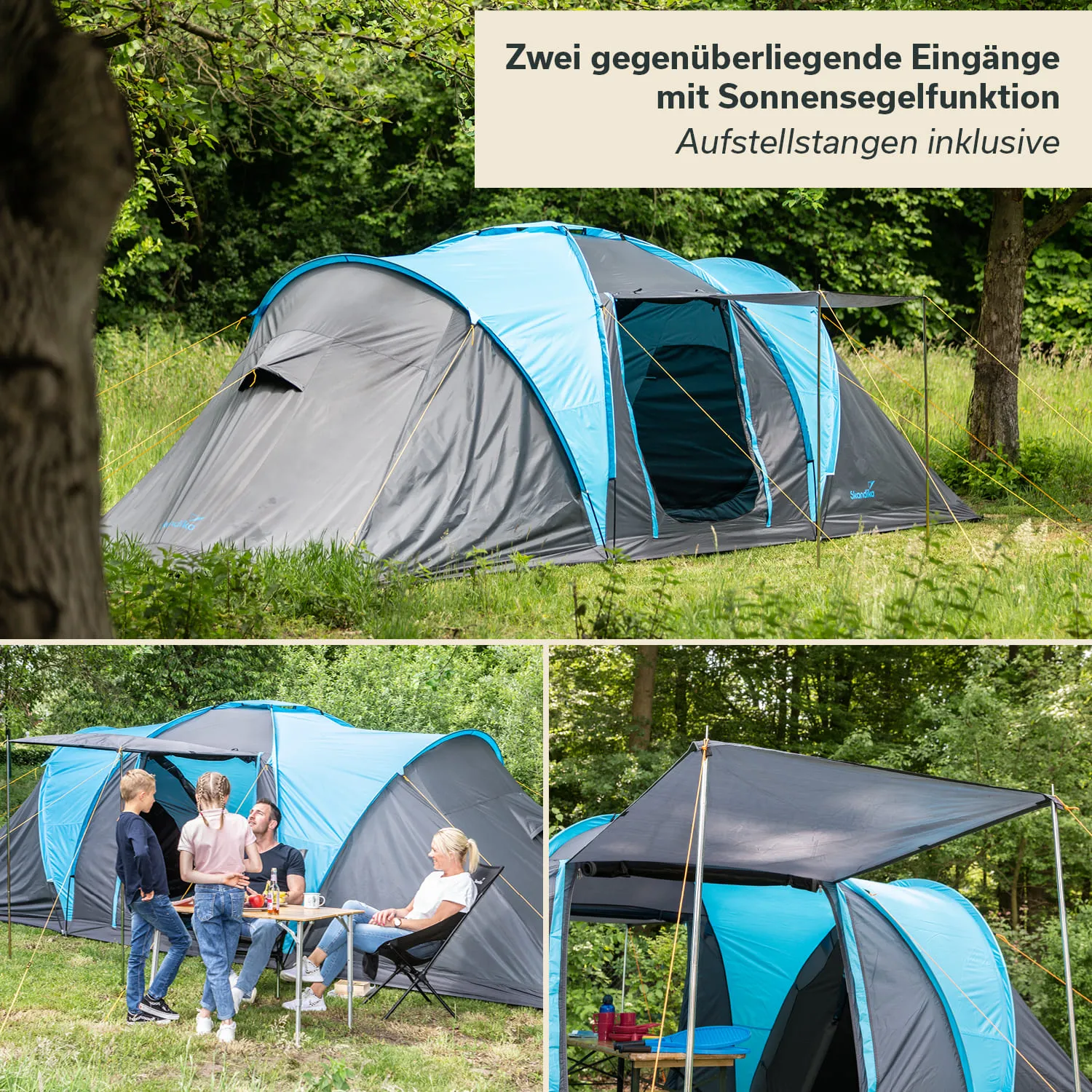 Zelt in der Natur mit zwei Eingängen, blauen Akzenten und Sonnensegel. Personen sitzen an einem Tisch.