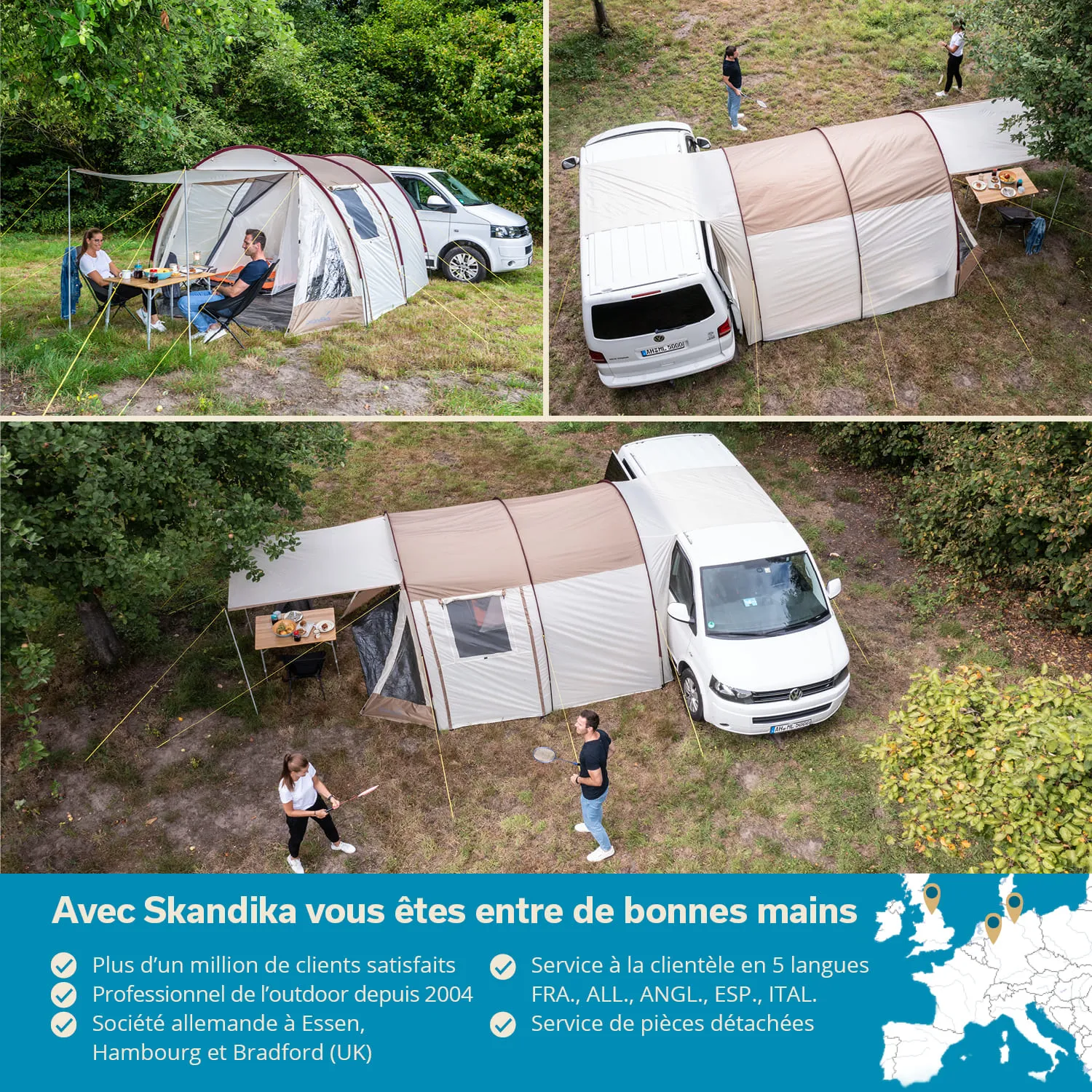 Zelt in der Natur mit einem Fahrzeug daneben. Personen sitzen an einem Tisch und stehen, umgeben von Bäumen.