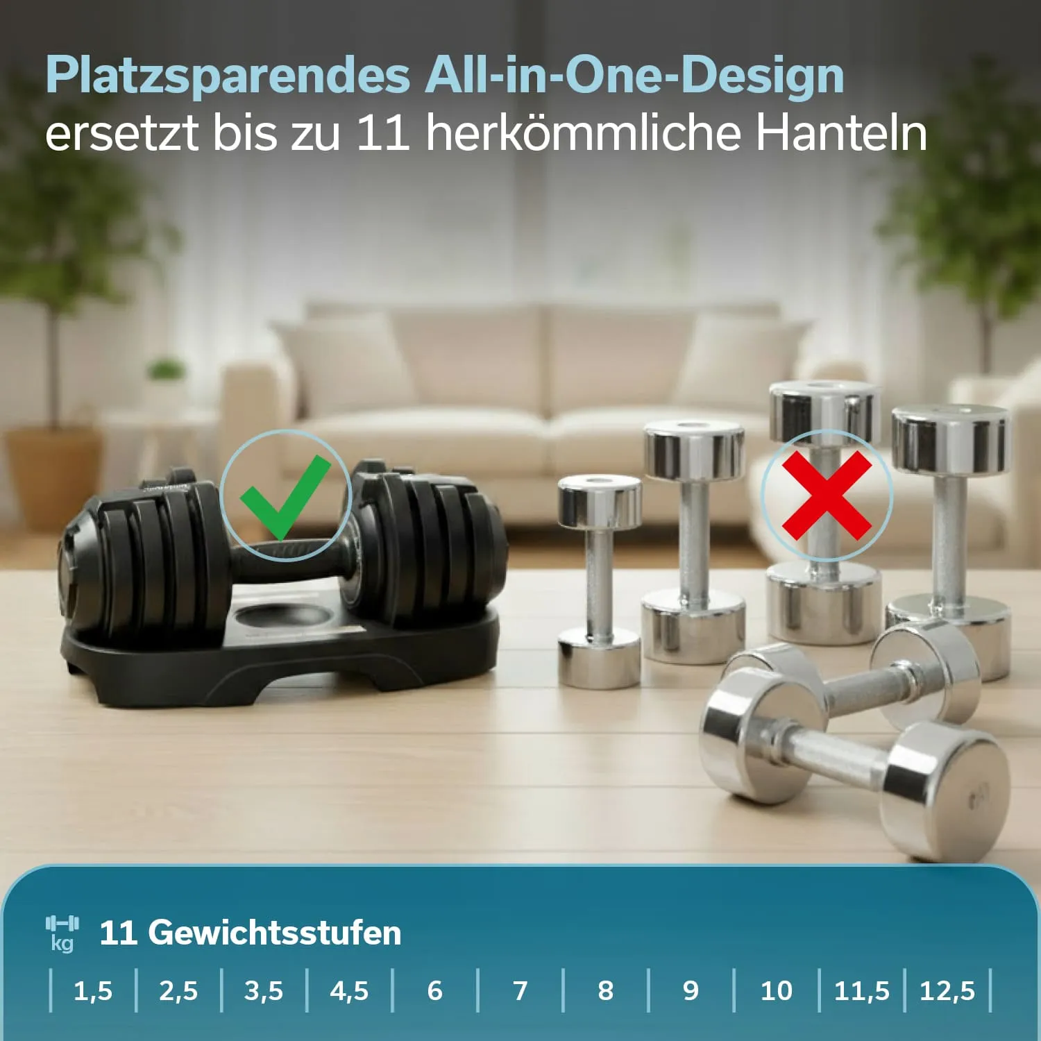 Gewichtheber mit einstellbaren Hanteln auf einem Tisch, umgeben von herkömmlichen Hanteln und einer Couch im Hintergrund.