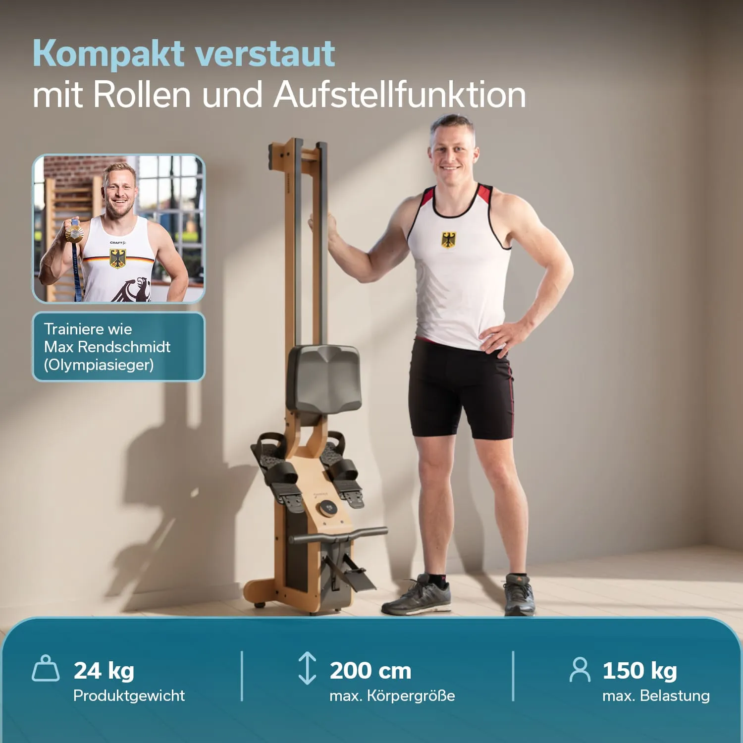 Fitnessgerät mit Kompaktgestaltung, daneben eine lächelnde Person in Sportkleidung. Informationen zu Produktgewicht und maximaler Belastung.