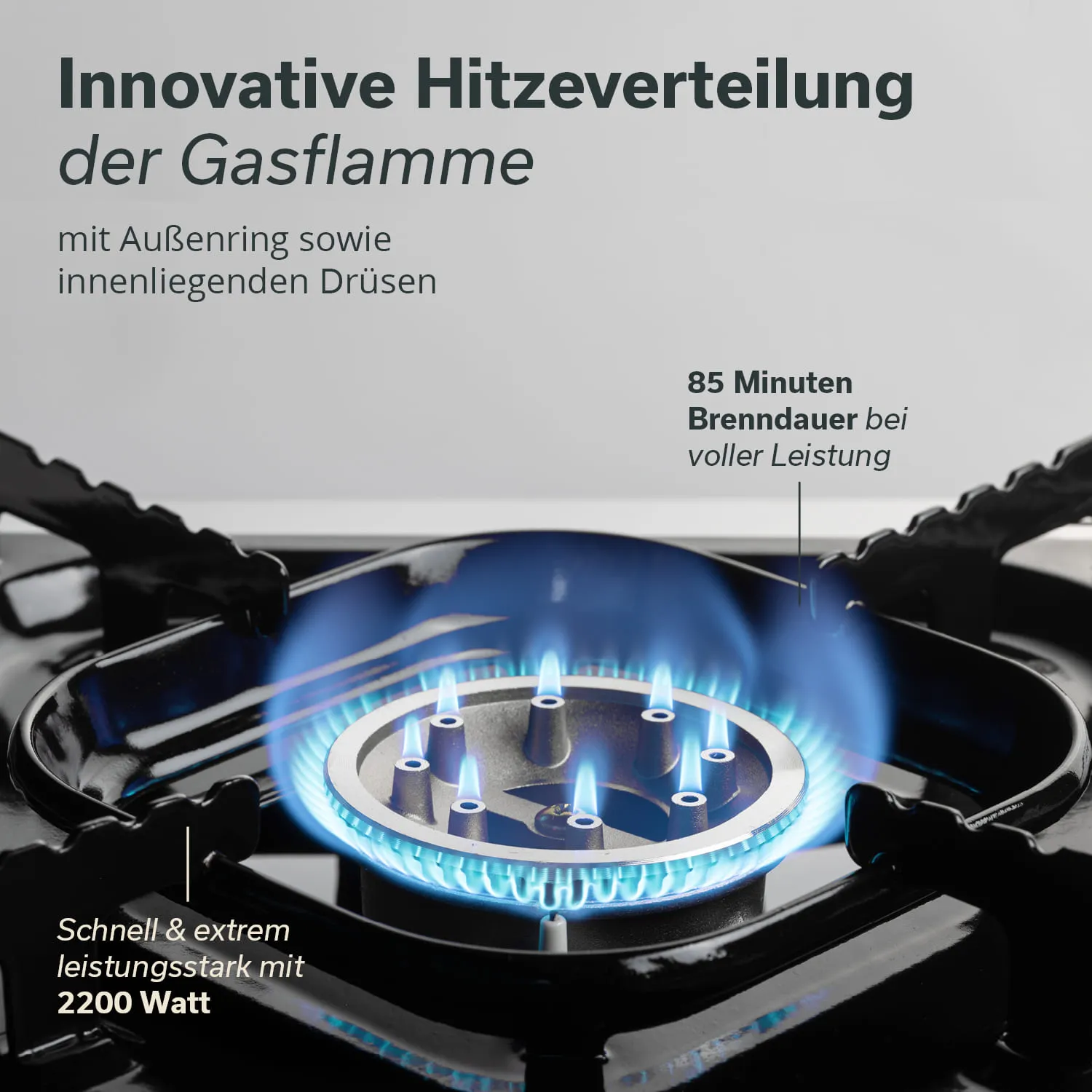Gaskochfeld mit blauer Flamme und innovativem Brennerdesign, umgeben von einem schwarzen Rahmen. Text über Leistung und Brenndauer.