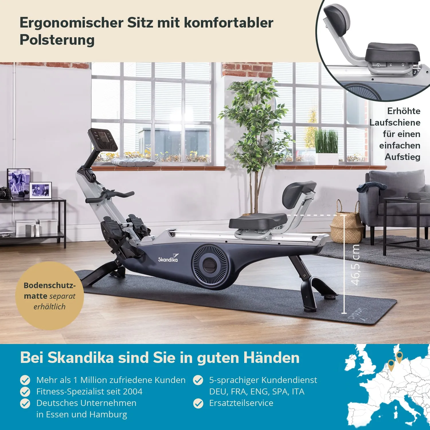 Ergonomisches Rudergerät mit gepolsterter Sitzfläche, Bodenmatte, Fenster und Pflanzen im Hintergrund.