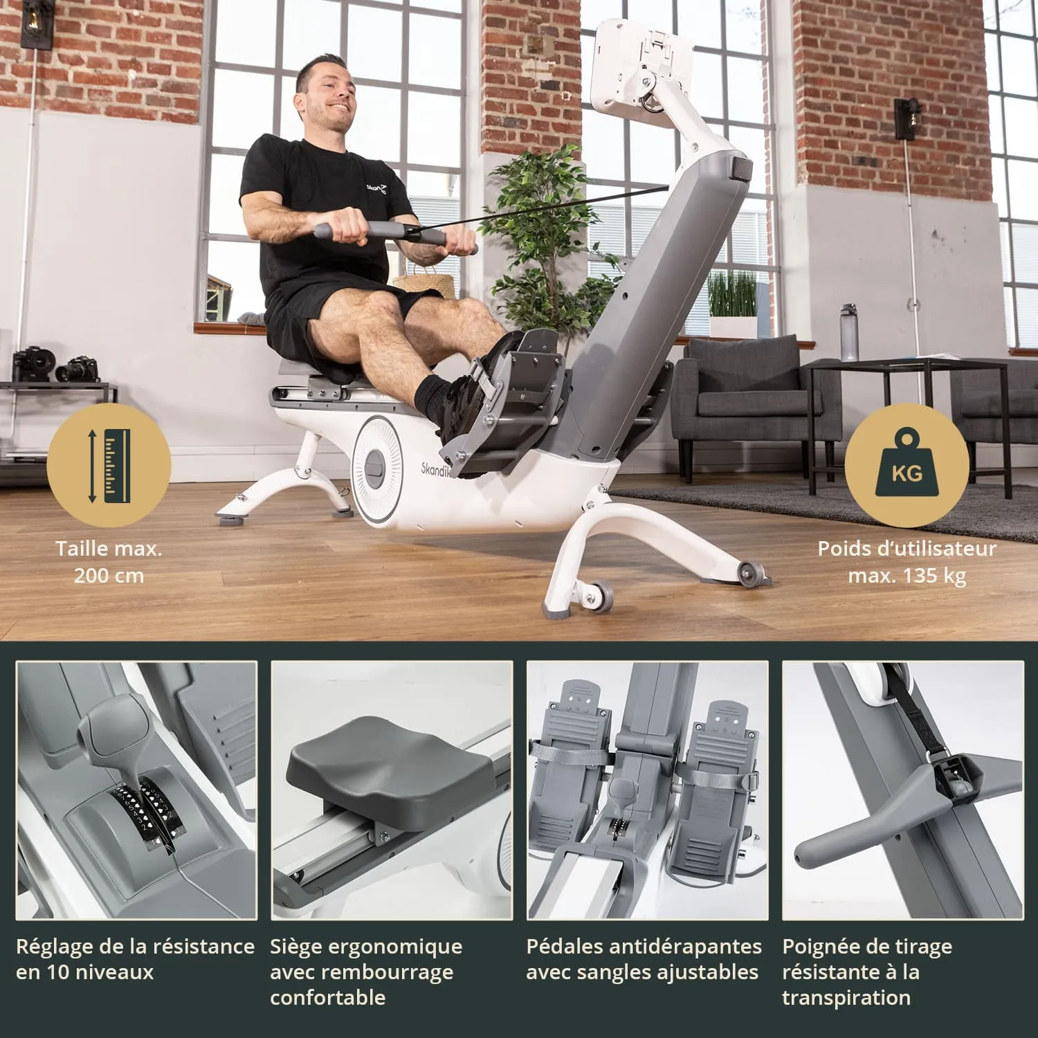 Rudergerät in einem Raum mit großen Fenstern. Eine Person nutzt das Gerät. Details zeigen verstellbare Widerstandseinstellungen, einen ergonomischen Sitz und rutschfeste Pedale.