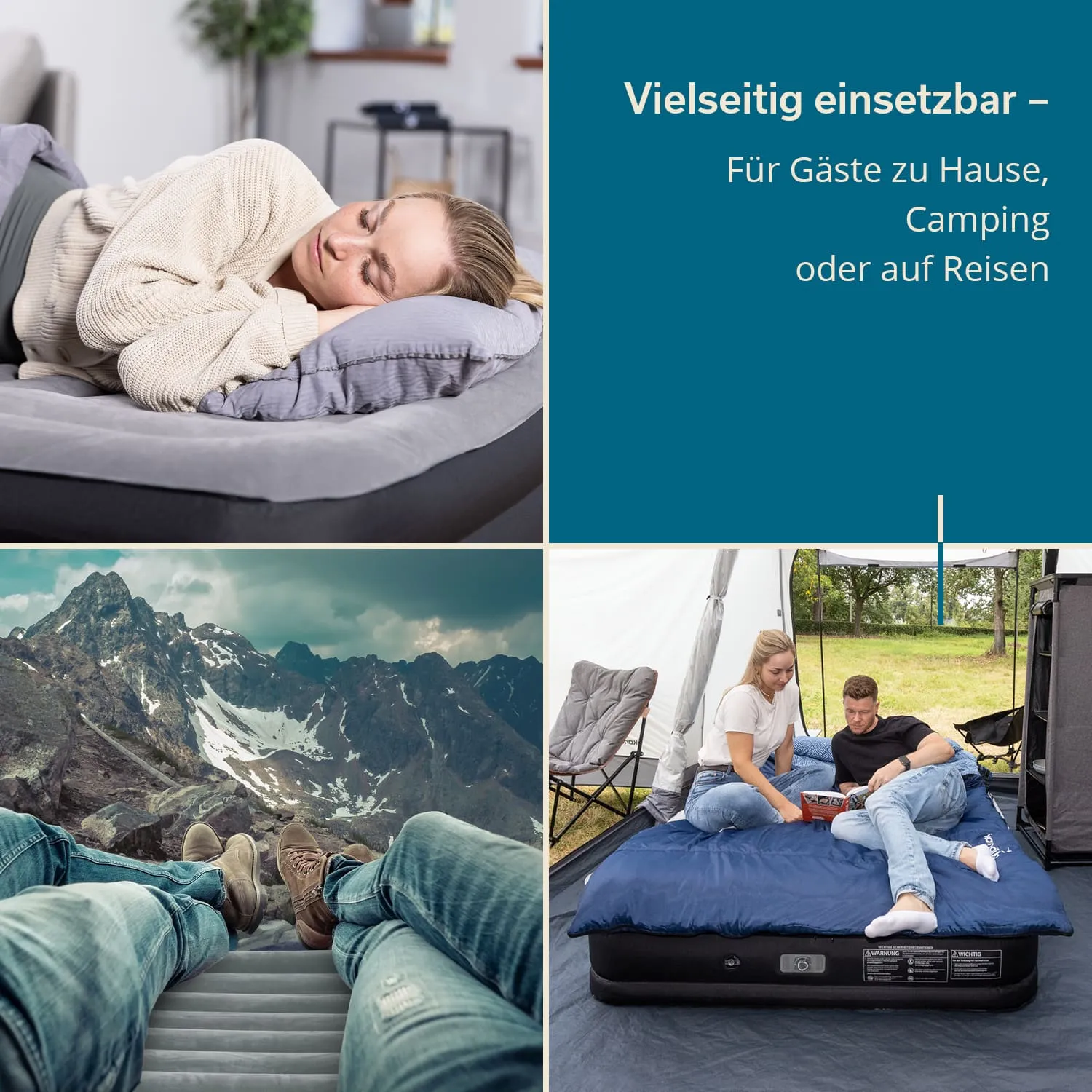 Die Abbildung zeigt ein Luftbett in verschiedenen Nutzungsszenarien: Eine Person schläft darauf, Panoramablick auf Berge, Füße auf einer Liege sowie zwei Personen, die auf dem Bett lesen.