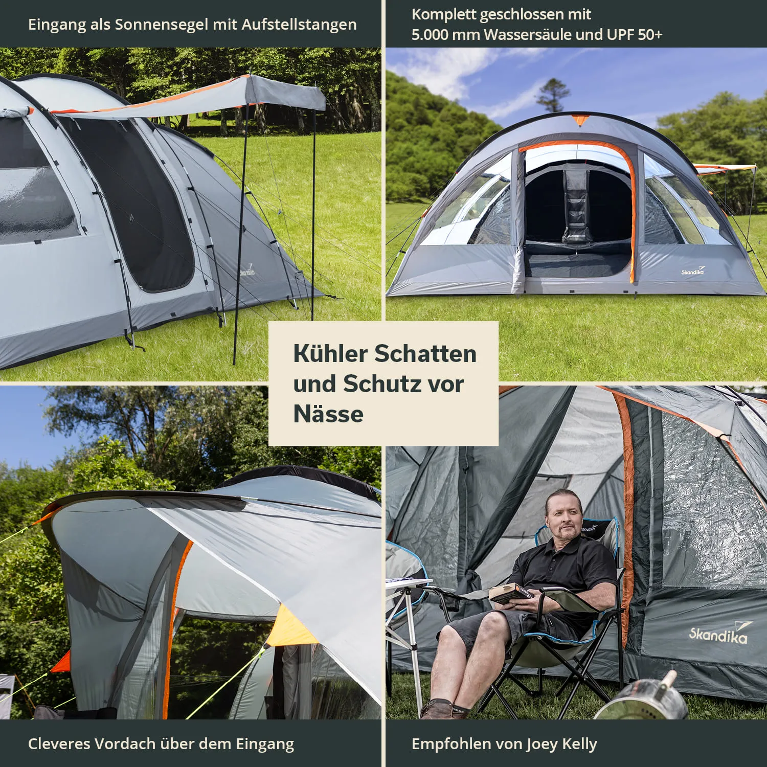 Zelt mit Sonnensegel und Stangen, Wiese im Hintergrund. Teile des Zeltes zeigen Innenbereich und sitzende Person in Campingstuhl.