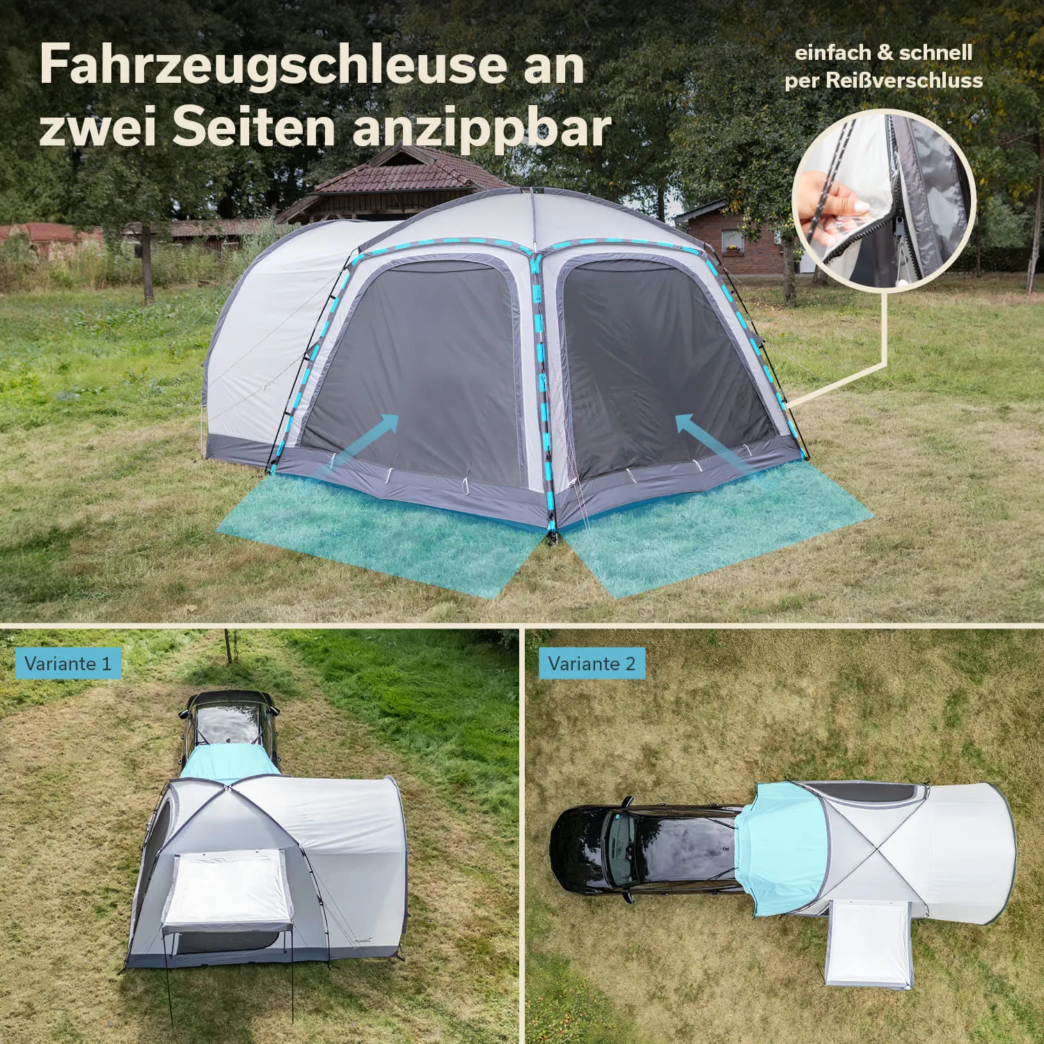 Ein Pavillon mit zwei seitlichen Eingängen auf einer Wiese. Darunter zwei Varianten zur Anbringung an einem Fahrzeug.
