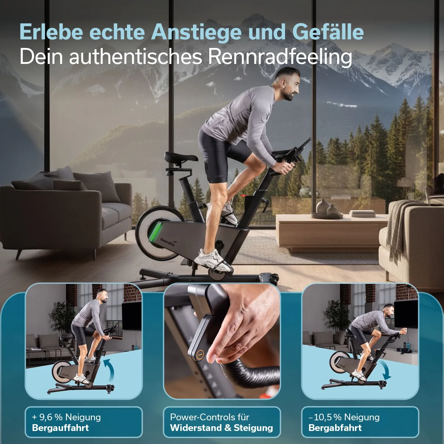 Ein Mann fährt auf einem stationären Fahrrad in einem modernen Raum mit Fenster und Berglandschaft. An der Seite befinden sich zwei kleinere Bilder mit Informationen zu Neigungen und Steuerungen.