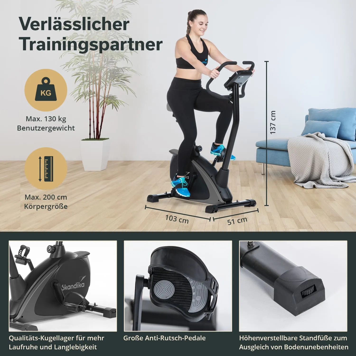 Ellipsentrainer mit einer Person in Trainingskleidung. Maße und Besonderheiten sind unten aufgeführt. Hintergrund mit Sofa und Pflanze.