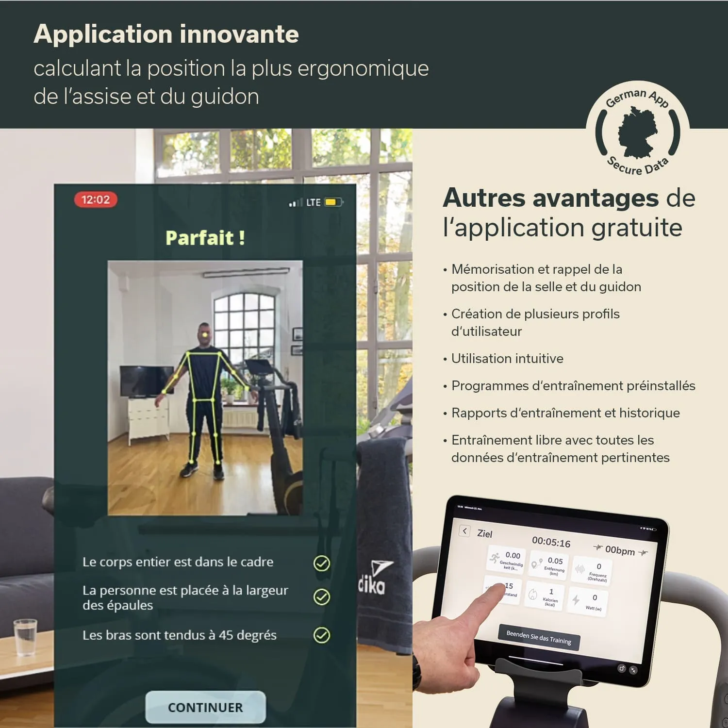 App zur ergonomischen Berechnung der Sitz- und Lenkerposition. Screenshot mit Benutzer, Trainingsstatistiken und App-Funktionen.