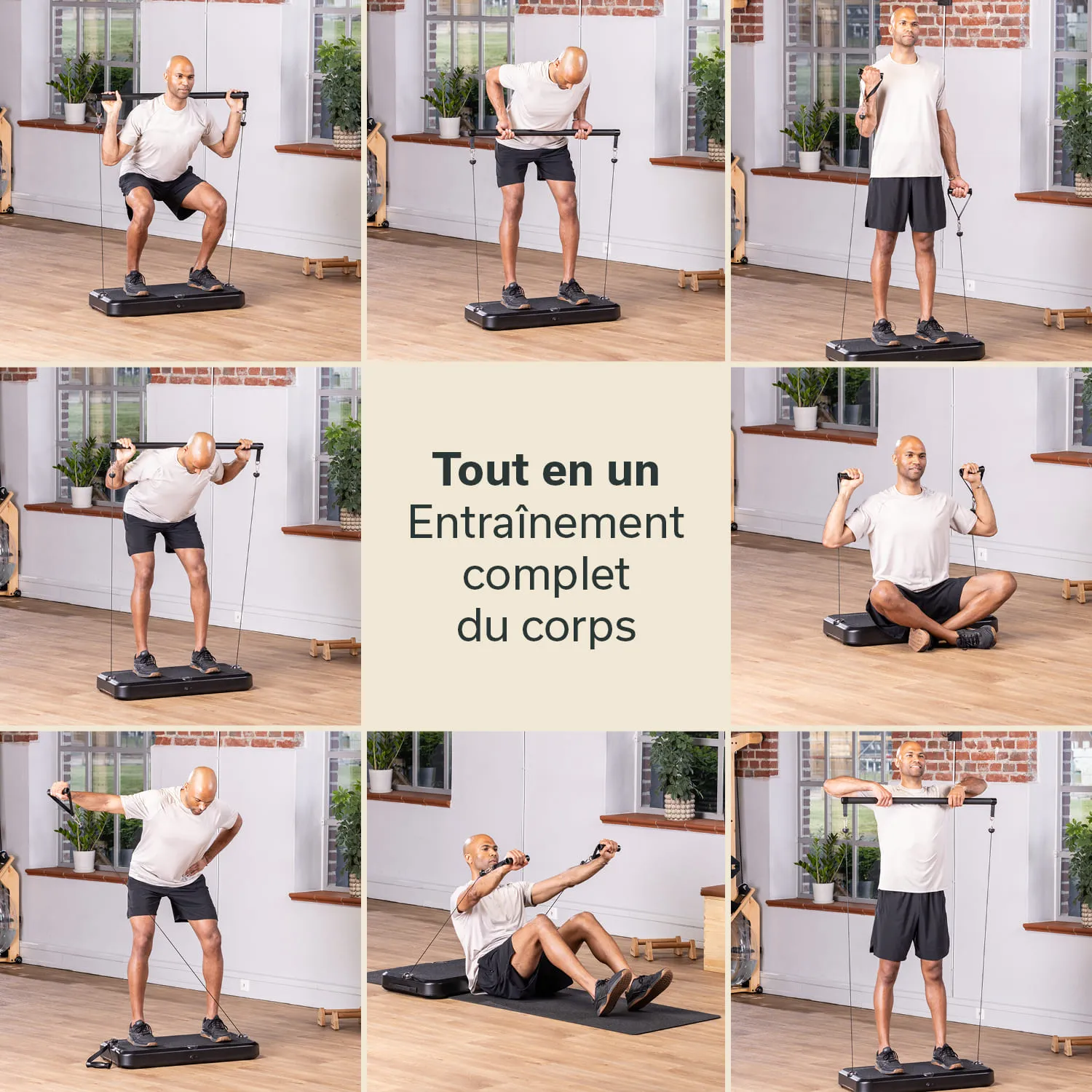 Person trainiert mit einem Fitnessgerät in verschiedenen Positionen: Squats, Sit-Ups und andere Übungen in einem hellen Raum.