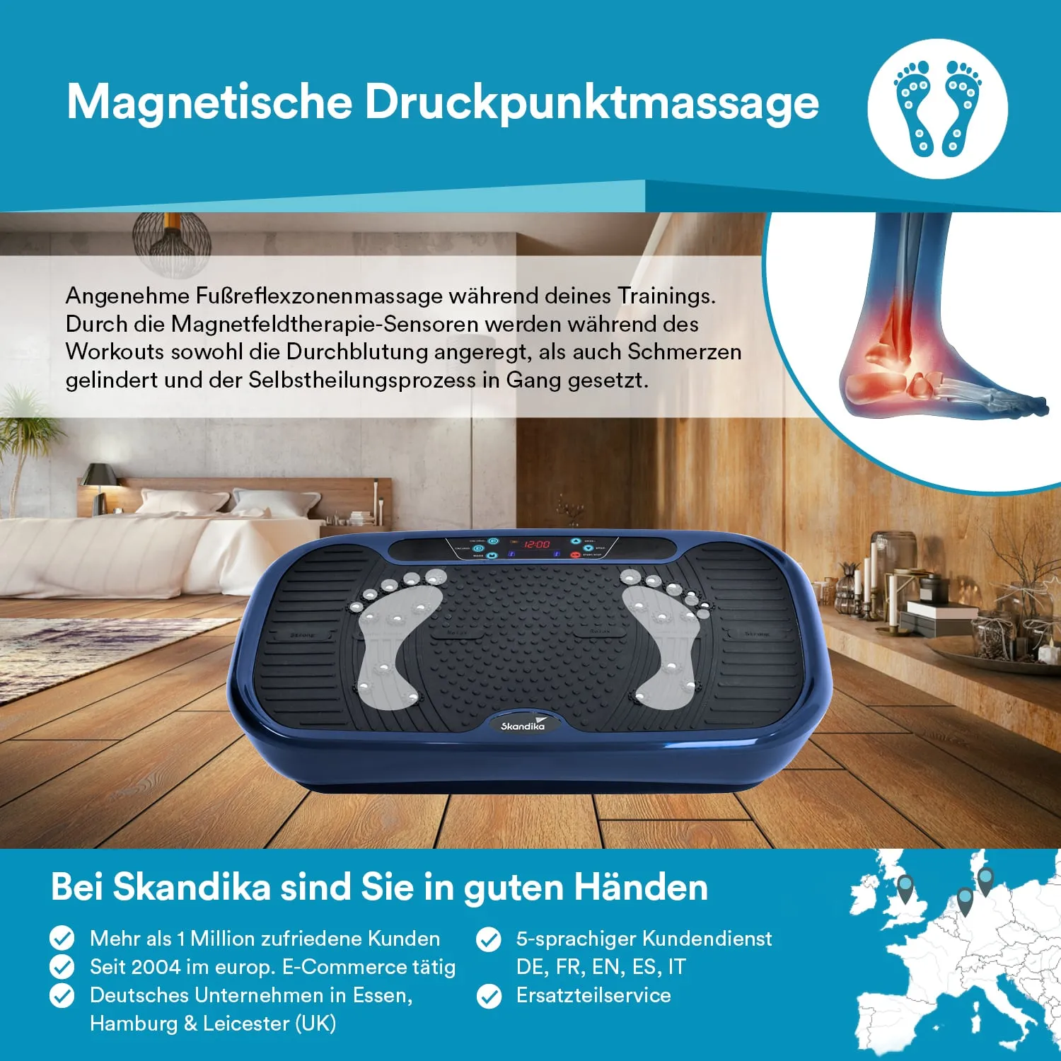 Ein Fußmassagegerät mit Sensoren steht auf einem Holzboden. Im Hintergrund ist ein heller Raum zu sehen. Text beschreibt die Funktionen des Geräts.