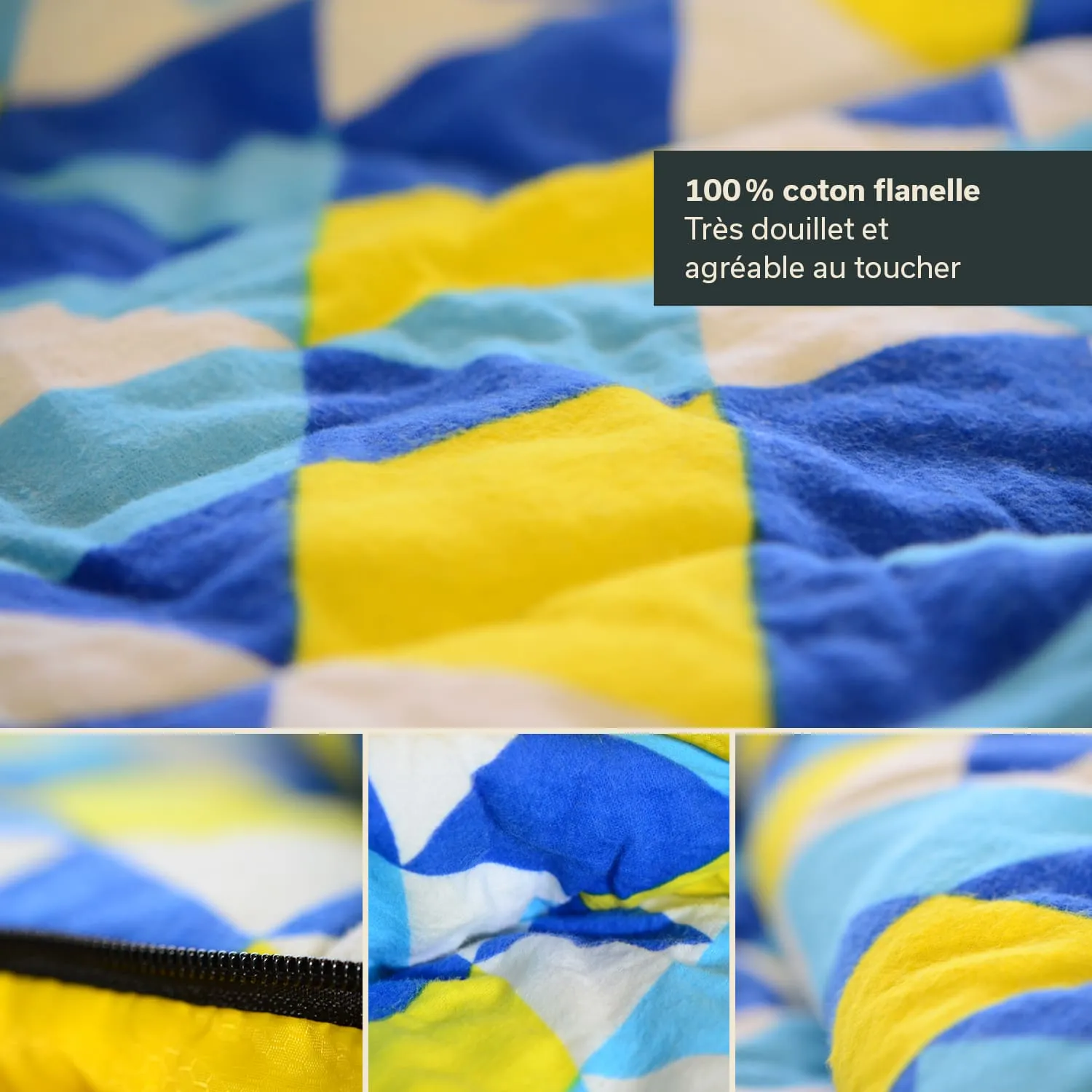 Bunt gemusterte Decke aus 100 % Baumwoll-Flanell, mit blauen, gelben und weißen Karos. Detailansicht eines Reißverschlusses.